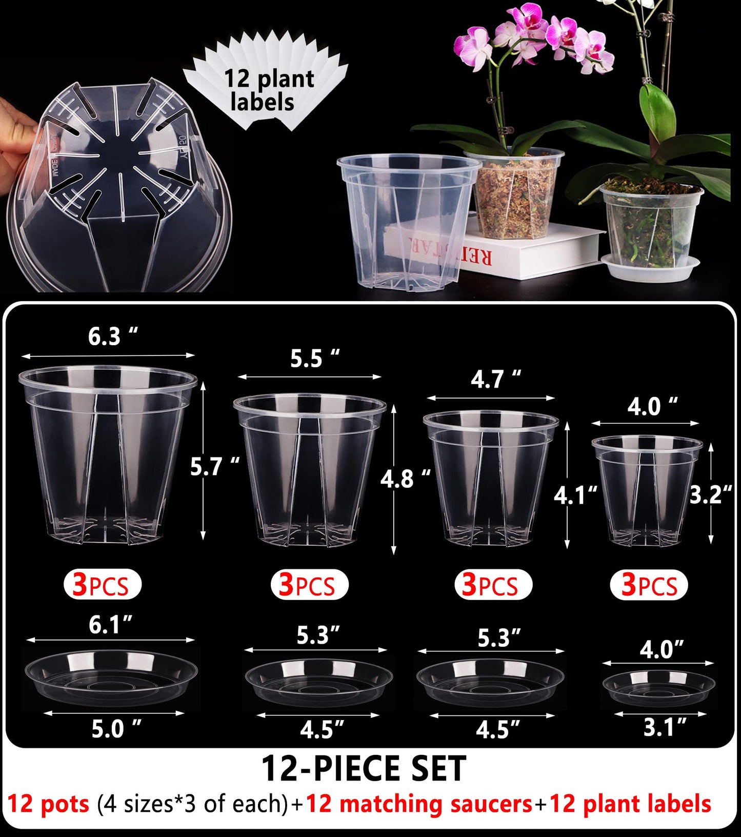 12-Pack Thick Clear Nursery Pots with Saucers (4/5/5.5/6.3 Inch) – Transparent Plastic Plant Pots with Drainage Holes & 12 Labels, Assorted Sizes for Seed Starting, Succulents, Indoor Outdoor Use