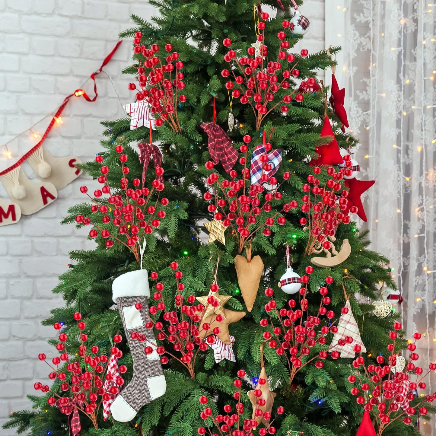 Quancru 10 Pcs Artificial Red Berries Stems 13.5" Christmas Holly Berry Branches Fake Pomegranate for Home Holiday Wedding New Year Wreath DIY Crafts Vase Floral Picks Decorations