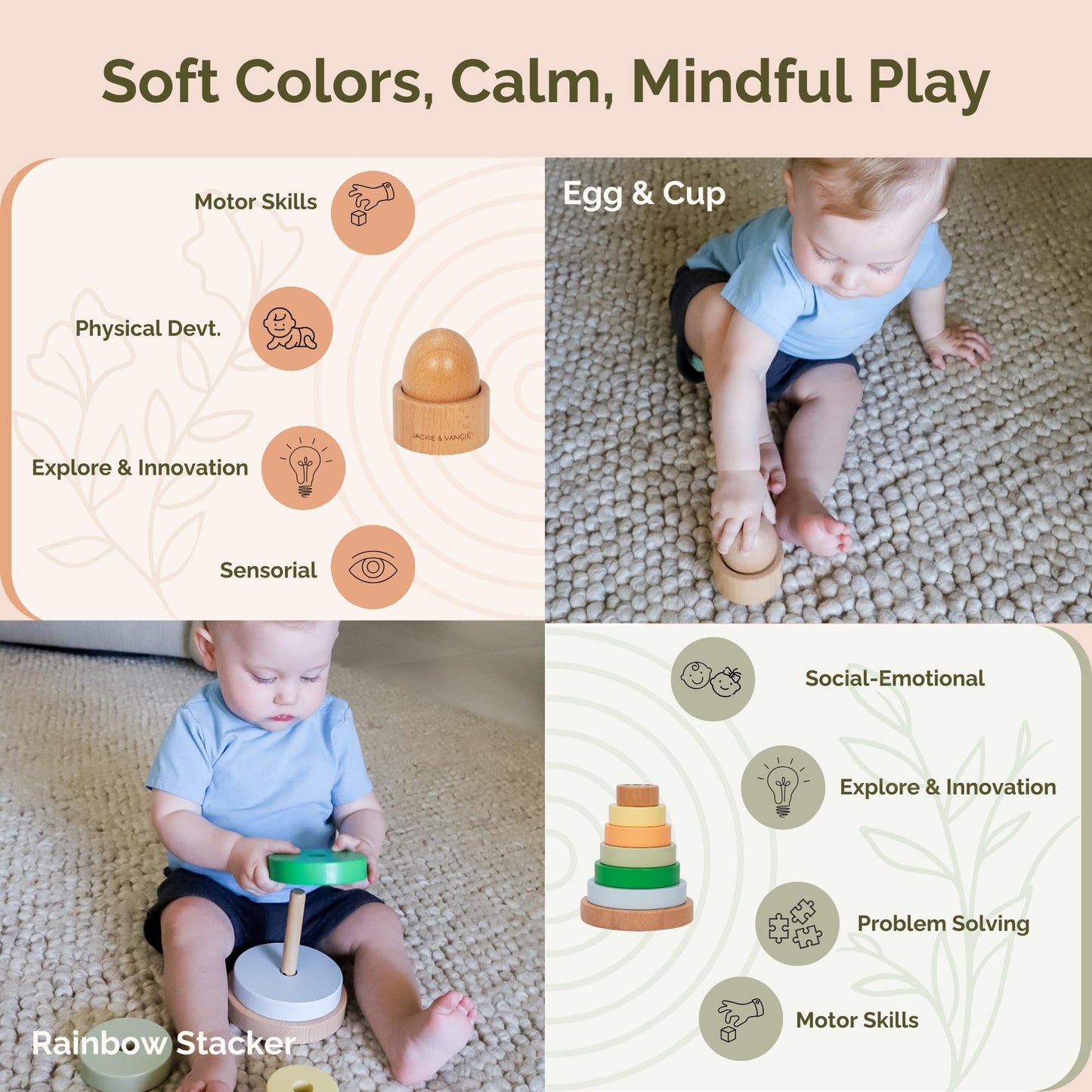 Jackie & Vancie Montessori Toy Set for Babies 7-12 Months Play Kit 6-in-1 Wooden Learning Toys with Object Permanence Box, Ring Stacker, Egg & Cup, Multipurpose Blocks and Mirror Puzzle