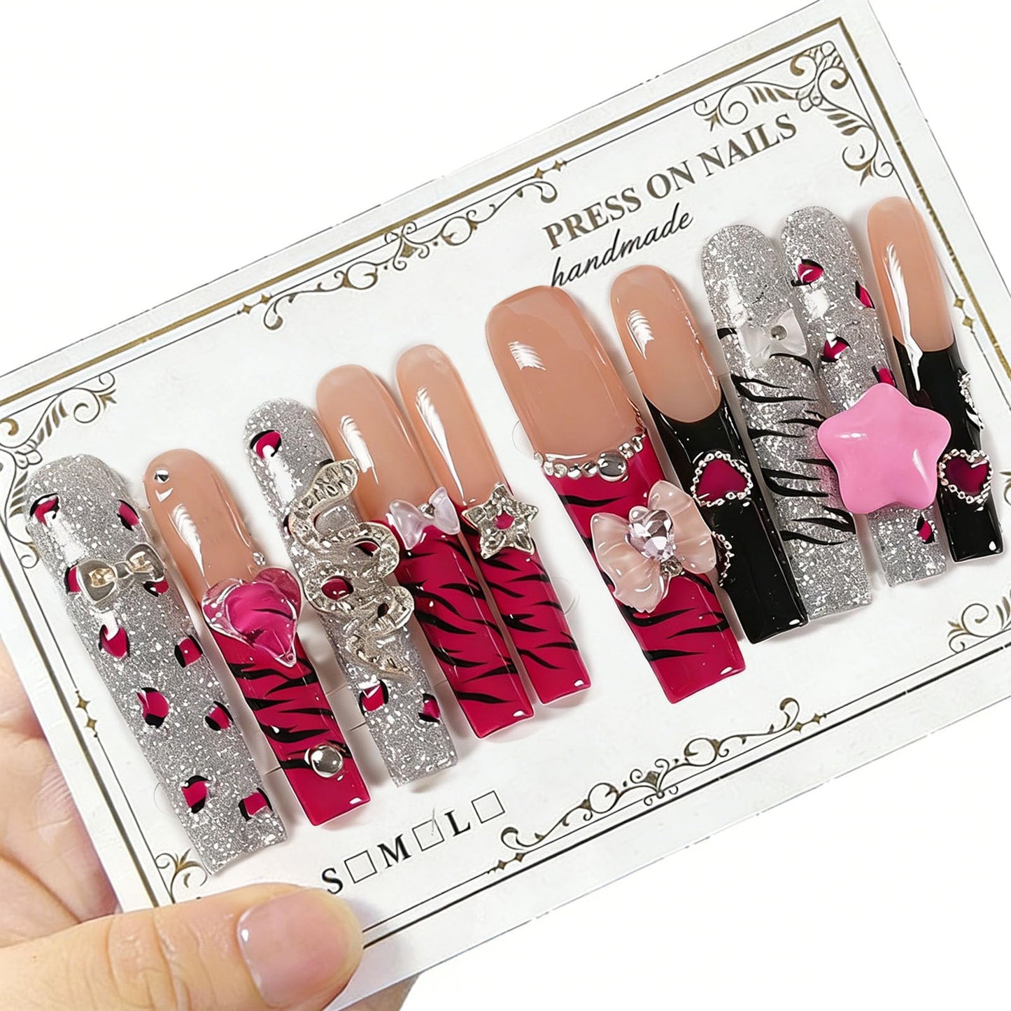 10 Pcs Extra Long Handmade Press on Nails Square Fake Nails with 3D Bow Rhinestones Star Charms Design Red Leopard Print French Tip False Nails Acrylic Wedding Long Press Ons Nails for Women - M Size