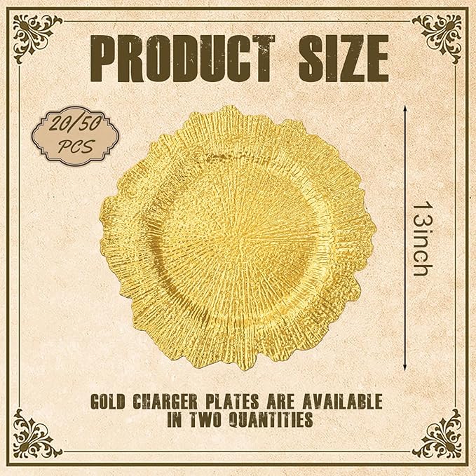 EI 50pcs Gold Charger Plates,13 Inch Charger Plates Bulk,Round Ruffled Rim Chargers for Dinner Plate,Table Chargers for Wedding,Party
