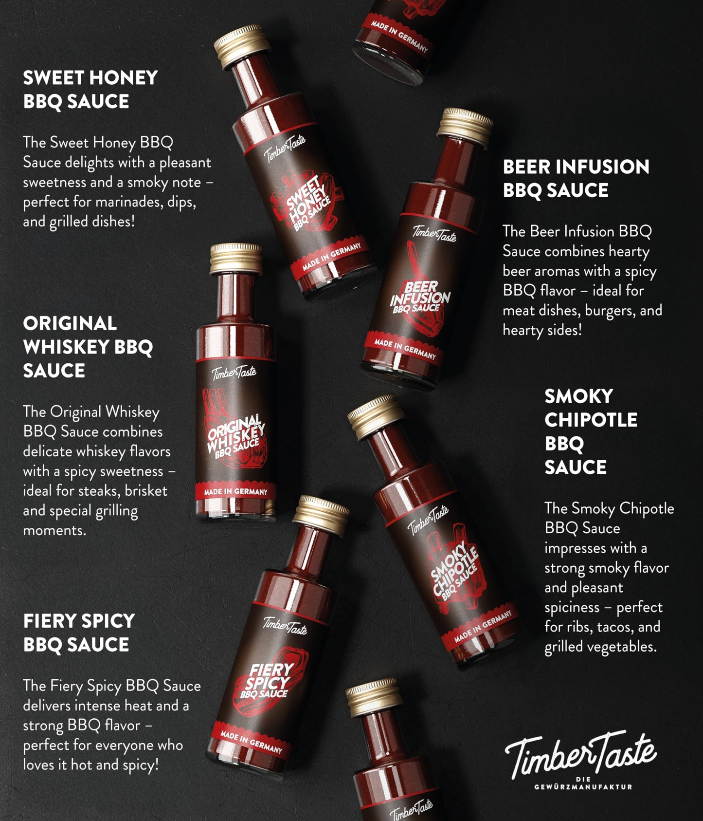 TIMBER TASTE® BBQ Sauce Gifts for Men [5x40 ml] - BBQ Sampler Set with Rubs and 5 Gourmet Barbecue Blends | BBQ Gift Sets | Grill Sauces Gift Set | BBQ Sauce Kit for Dads Birthday Present Box