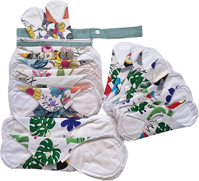 Lilind® 17 Pack Jumbo Set Organic Cloth Pads, Reusable Washable Menstrual Family Cloth, Zero Waste 100% Cotton, Random Flowers prints