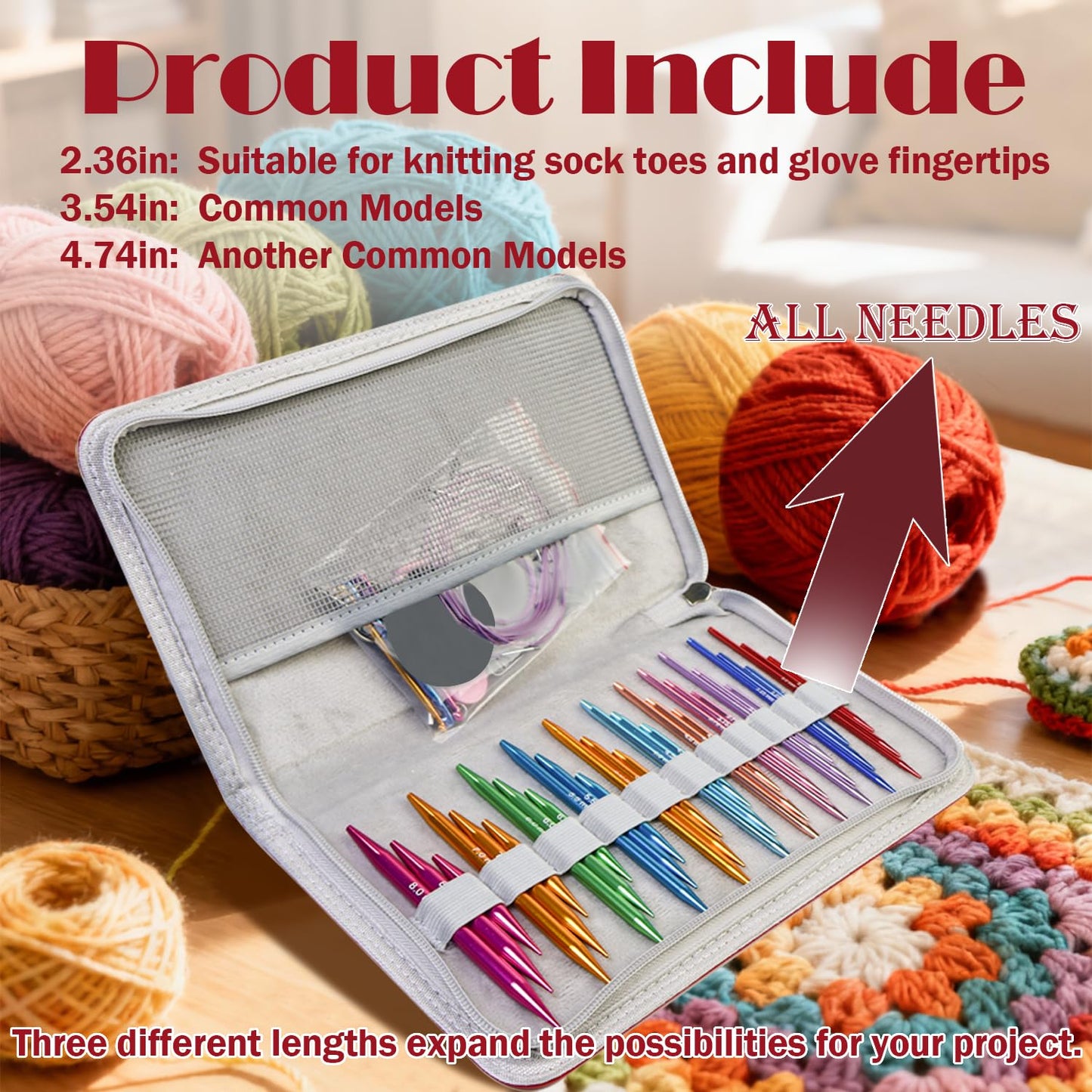 Lewhoo Circular Knitting Needles Set with Case,11 Pairs Interchangeable Aluminum Circle Needles with 5 Cables 3.0~8.0mm Multicolored