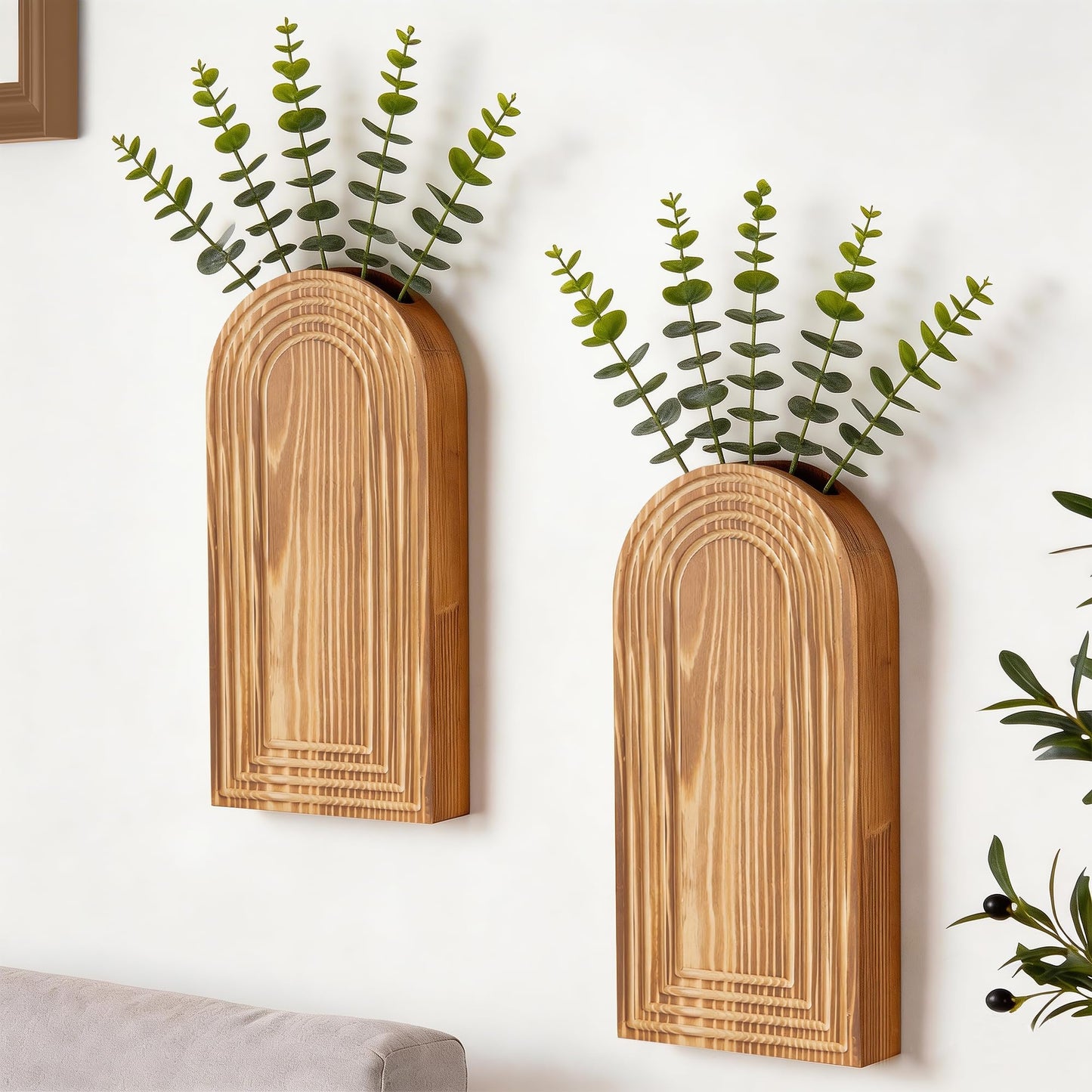 2 Pcs Wooden Wall Vase Set for Decor with 10pcs Artificial Eucalyptus Plants-Boho Hanging Planter Modern Farmhouse Wall Decor for Bathroom Living Room Dining Room Bedroom Kitchen