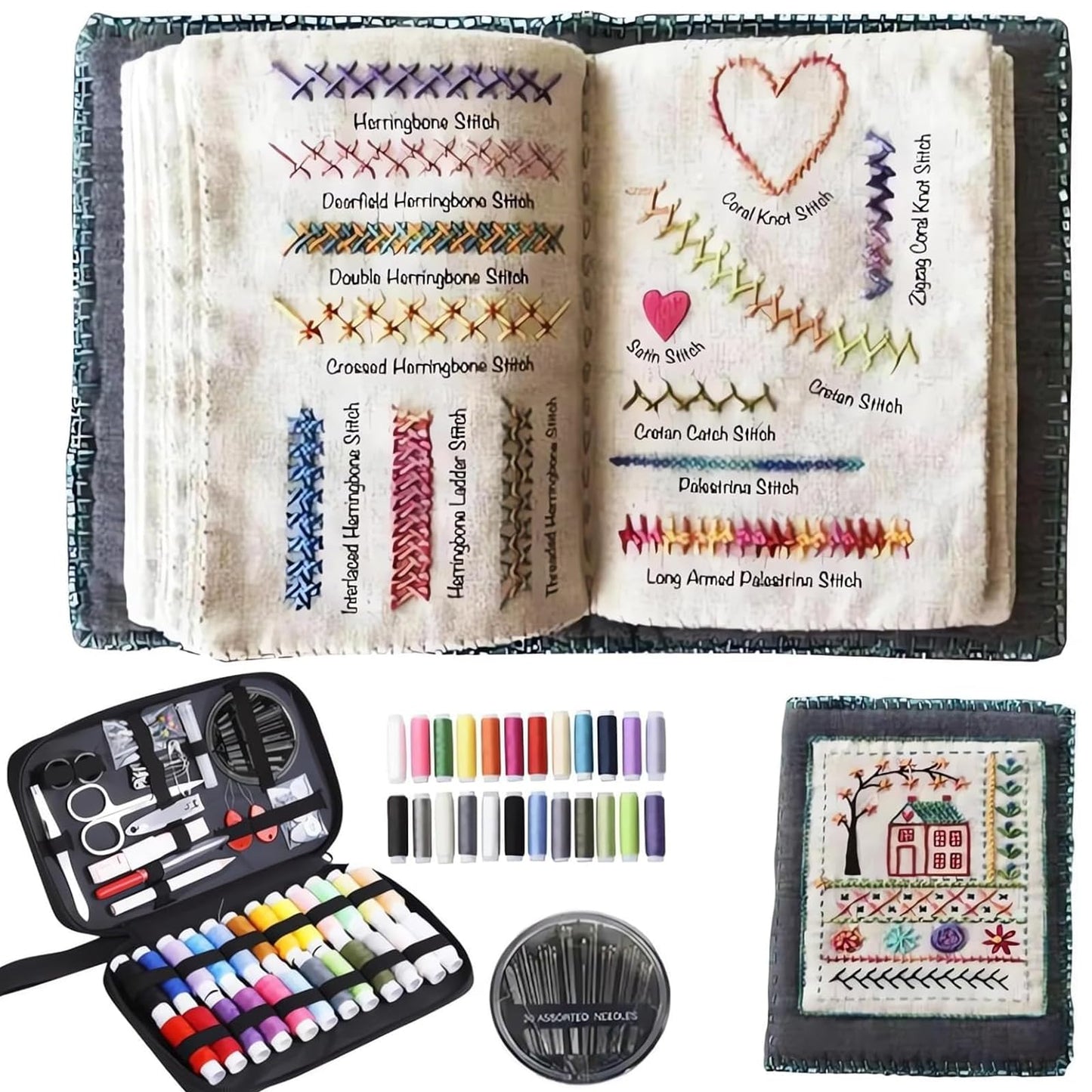Embroidery Stitch Book Kit,Portable All Scenario Embroidery Stitch Book,Comes with a Complete Toolkit and Instructional Tutorial,Perfect for Beginners and Craft Lovers