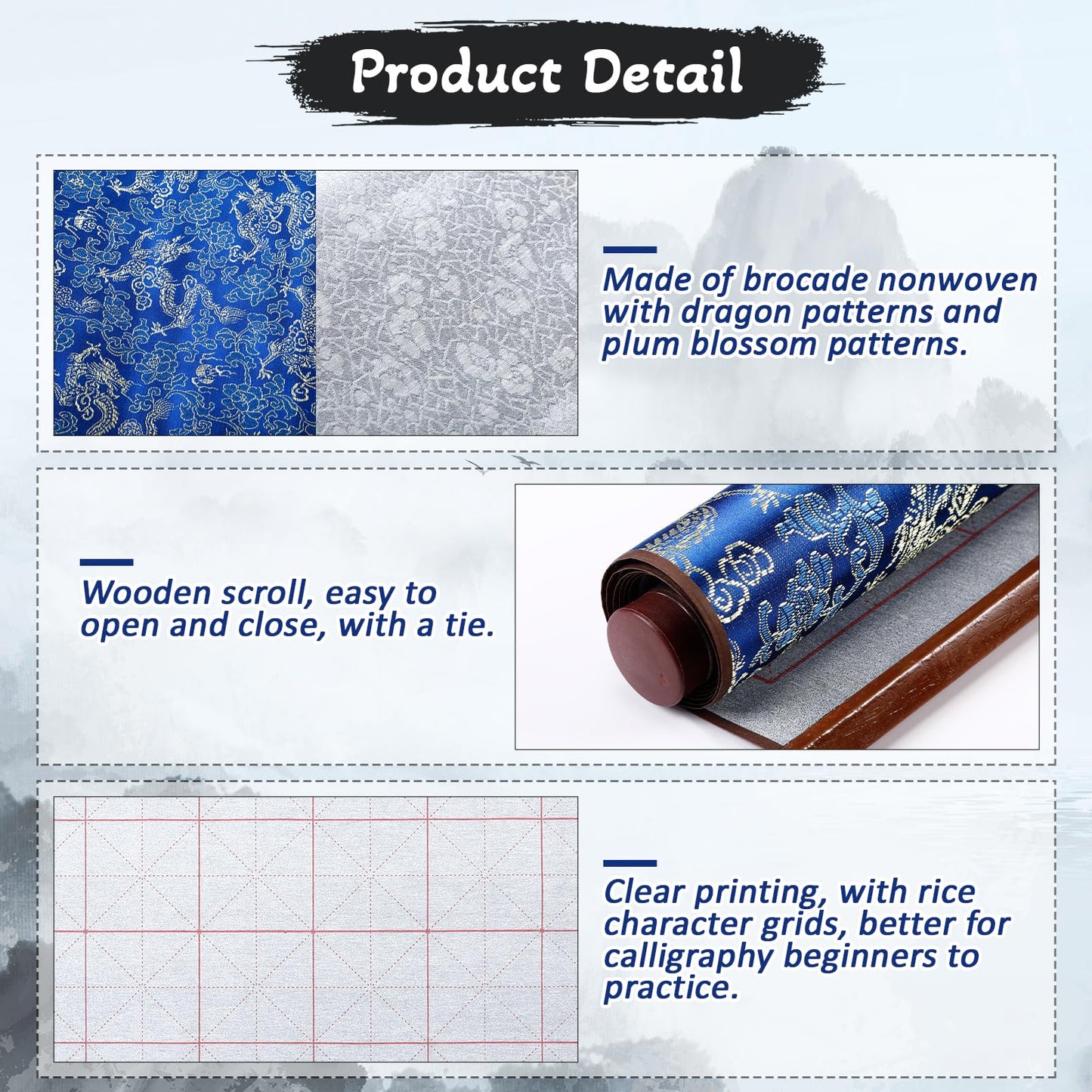 Jaloro 6 Pcs Chinese Calligraphy Cloth Set Magic Writing with Water Canvas No Ink Scroll Canvas Reusable Calligraphy Practice Kit with Brush Pen Plastic Dish Gift for Beginners Home School