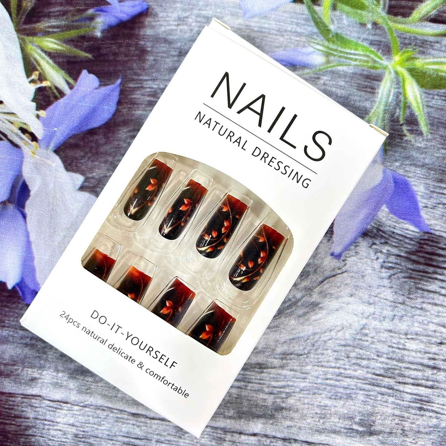 Flower Press on Nails Medium Square Nails Brown Floral Pattern Design False Nails Full Cover Glossy Stick on Nails Artificial Acrylic Nails Glitter Nails 24Pcs Reusable Glue on Nails for Women