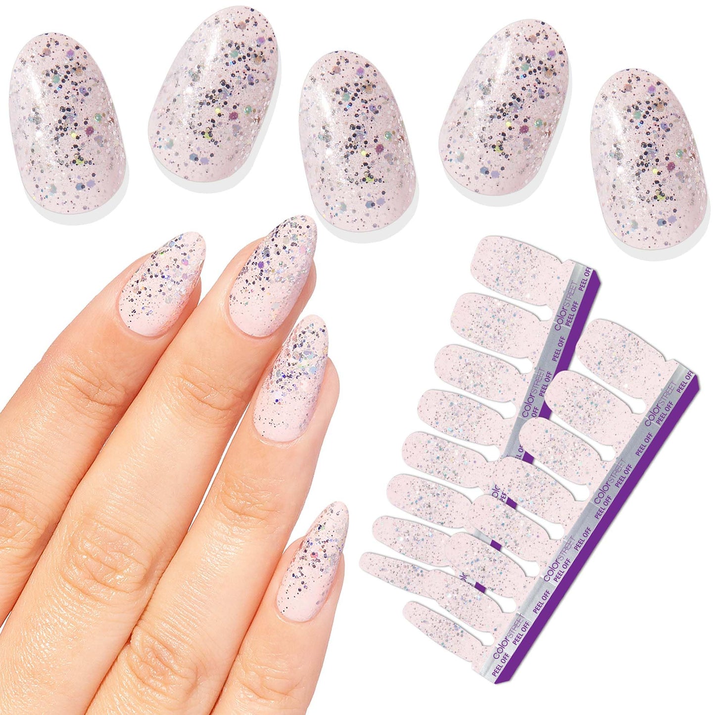 Color Street - Girl's Best Friend - Pale Pink Glitter Nails with Silver Sparkle, Real Nail Polish Strips, Glam Style Manicure - 16 Double-Ended Strips