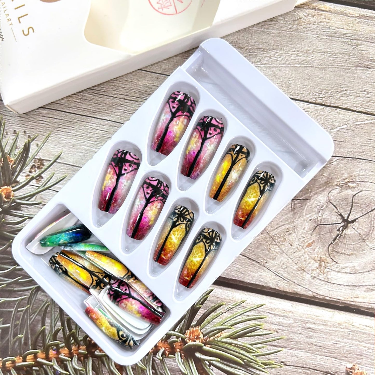 LOPMNGHT Stained Glass Windows Press on Nails Medium Ballet Shaped Colorful Aurora False Nails Full Cover Glossy Acrylic Nails Colorful Flower Windows Design Artificial Nails for Women 24Pcs