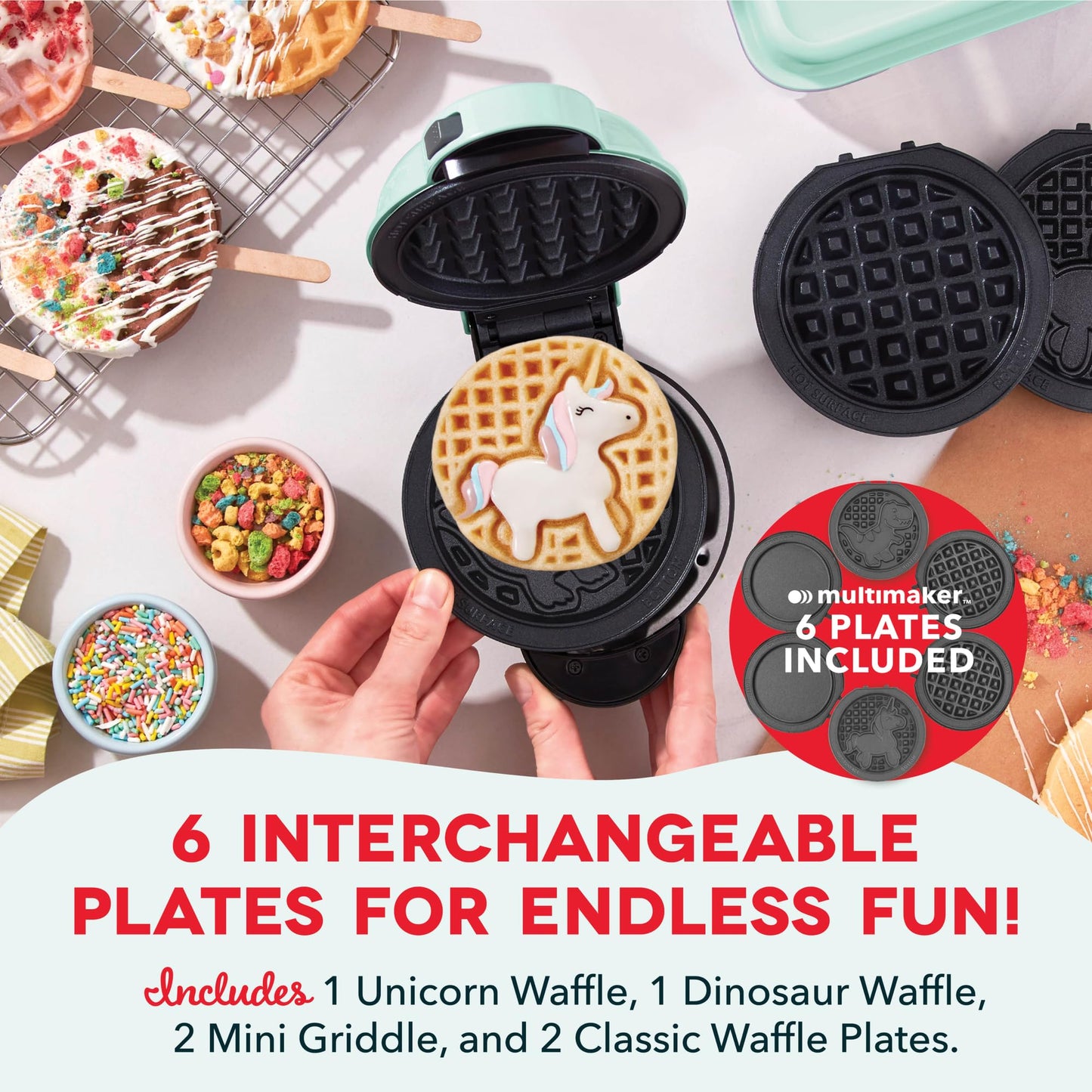 Dash MultiMaker® Mini System - Compact Waffle Maker for Family Breakfasts - Removable Griddle Plates & nonstick surface - 6 Plates - Aqua