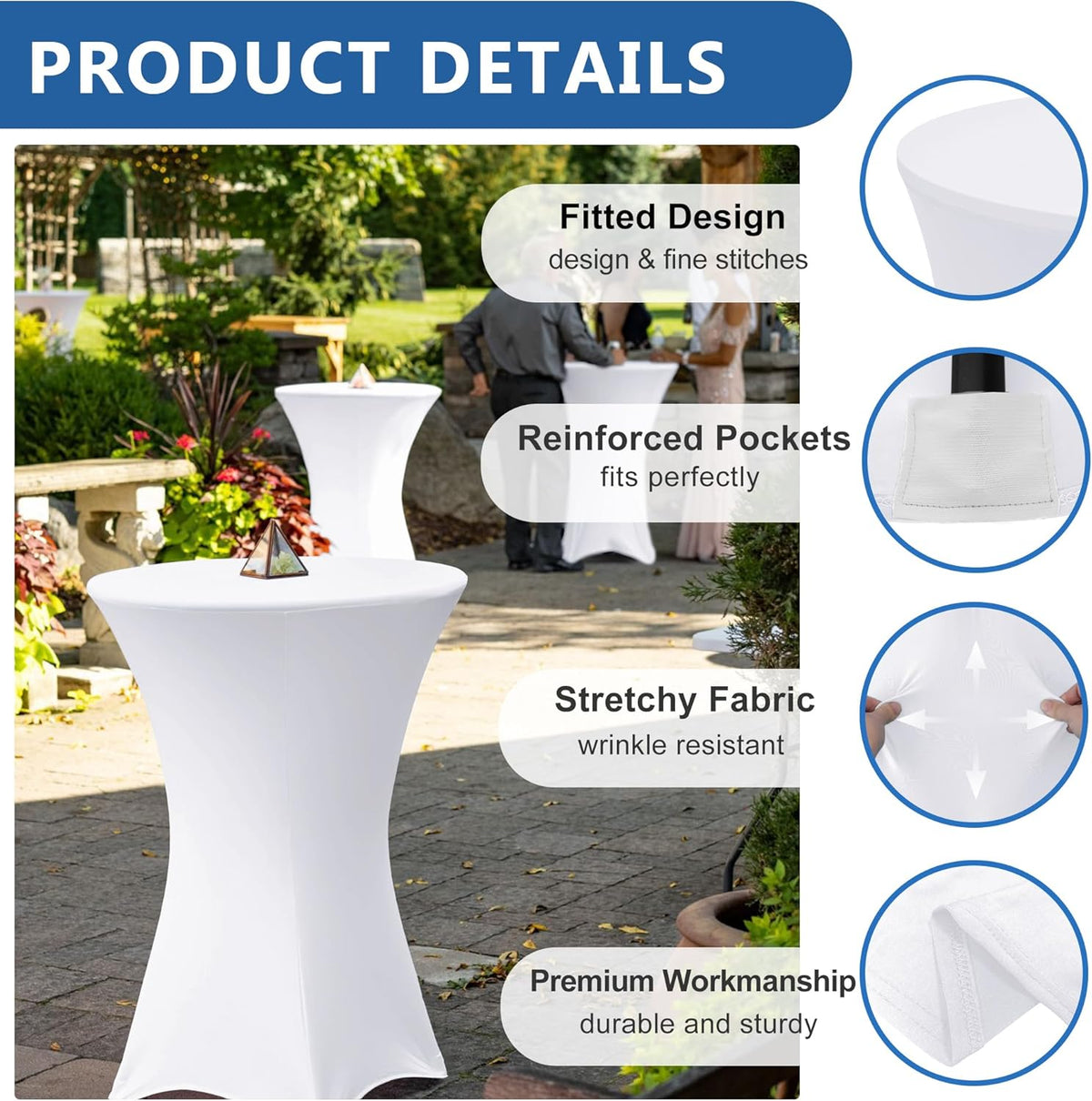 Cocktail Table Covers-Spandex Round High Top Table Cloths 8 Pack 32x43 Inch-White Stretch Fitted Bar Tall Tablecloth for Pub Bistro Highboy Party Event Banquet Height Folding Satnding Tables