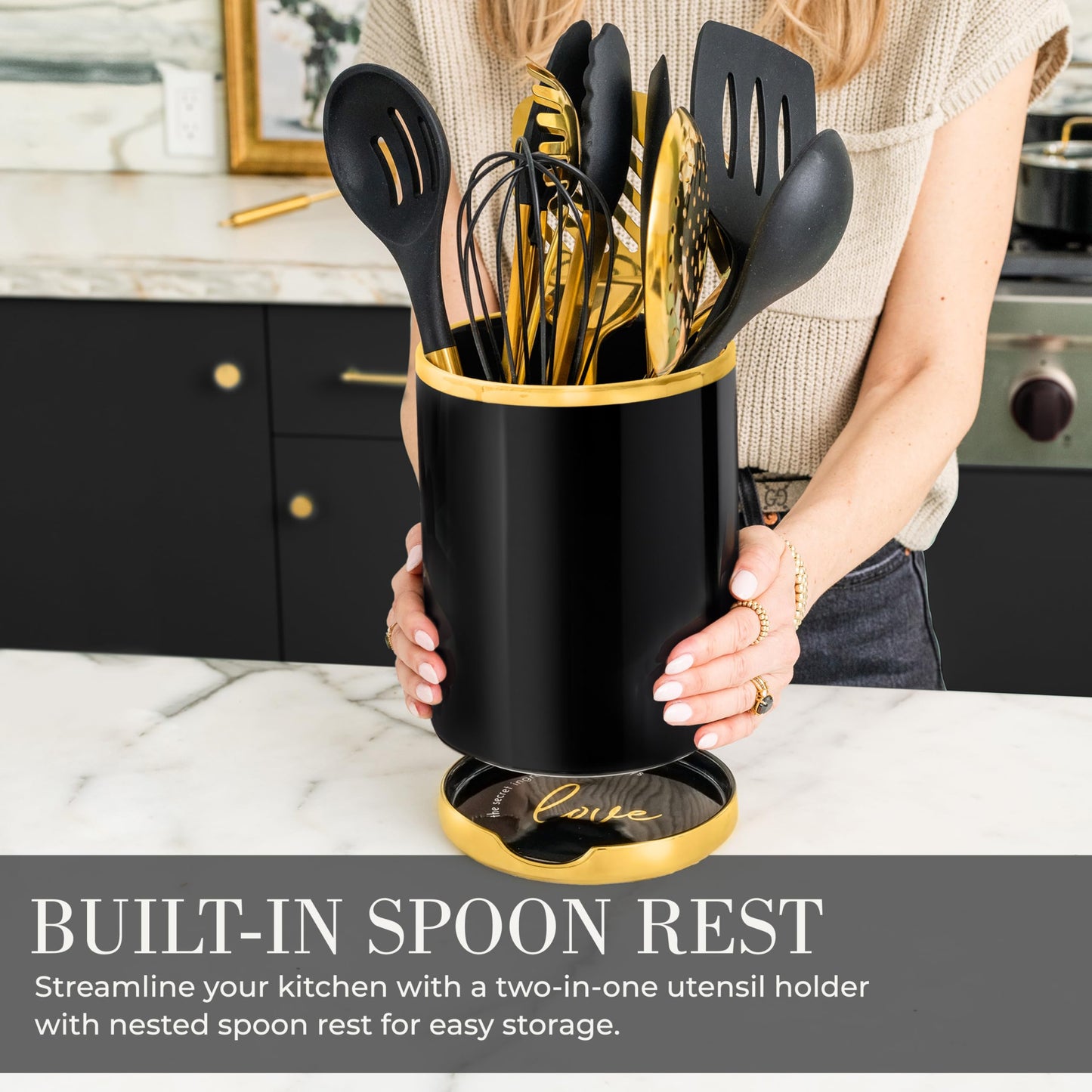 STYLED SETTINGS Black and Gold Cooking Utensils Set - 13-Piece Kitchen Set with Black Ceramic Utensil Holder and Stackable Gold Spoon Rest - Luxury Kitchen Accessories for Stylish Cooking and Serving