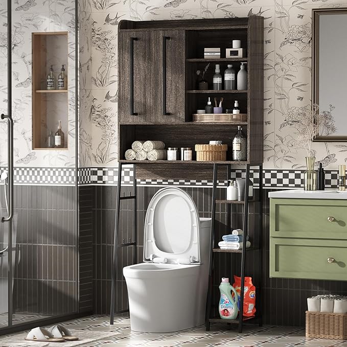 VFK Over The Toilet Storage Cabinet with Sliding Door, Farmhouse Bathroom Organizer with Adjustable Shelves for Small Spaces, Sturdy Metal Frame Above Toilet Cabinet,31.5" L x 7.7" W x 66.9" H