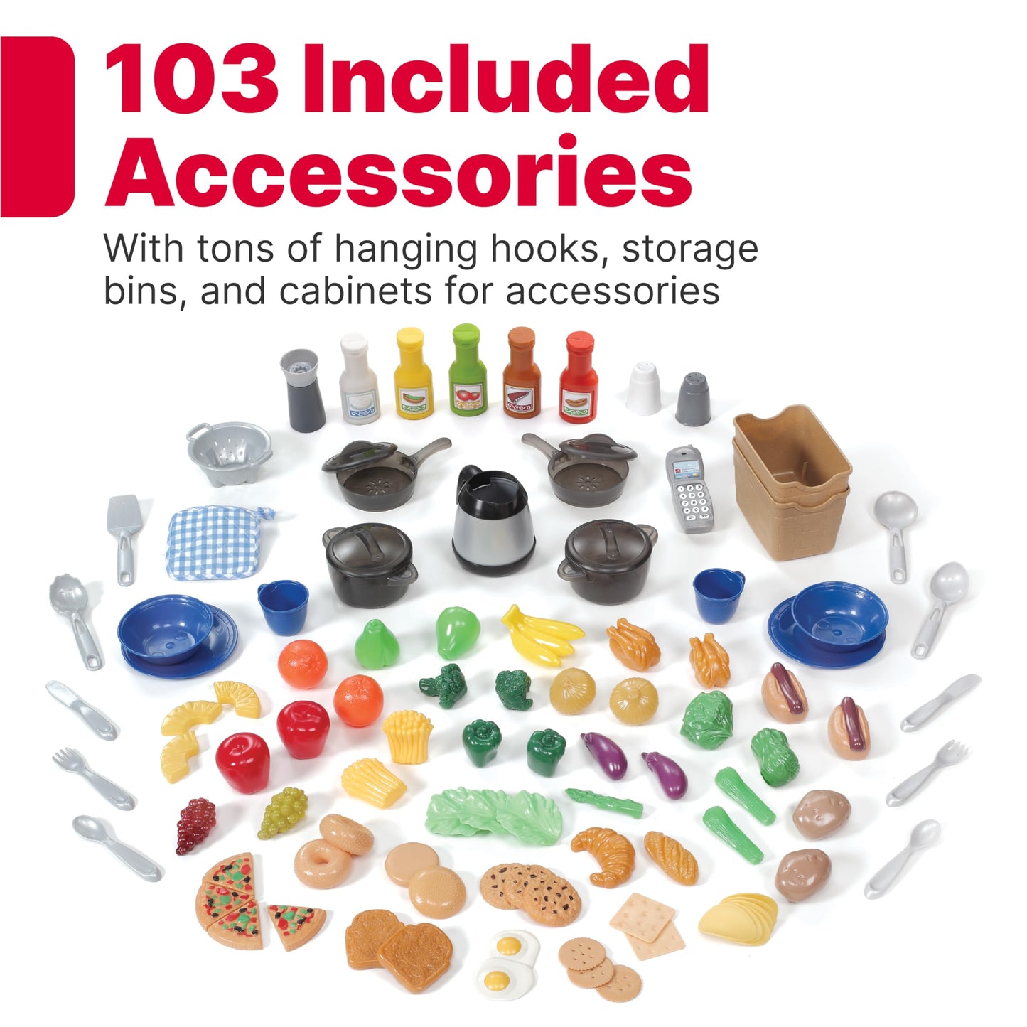 Step2 Grand Walk-In Kitchen & Grill Kids Playset, Indoor/Outdoor Kitchenette, Interactive Play with Lights and Sounds, Durable Plastic, 103 Piece Toy Accessories, Toddlers 2+ Years Old, Brown/Tan