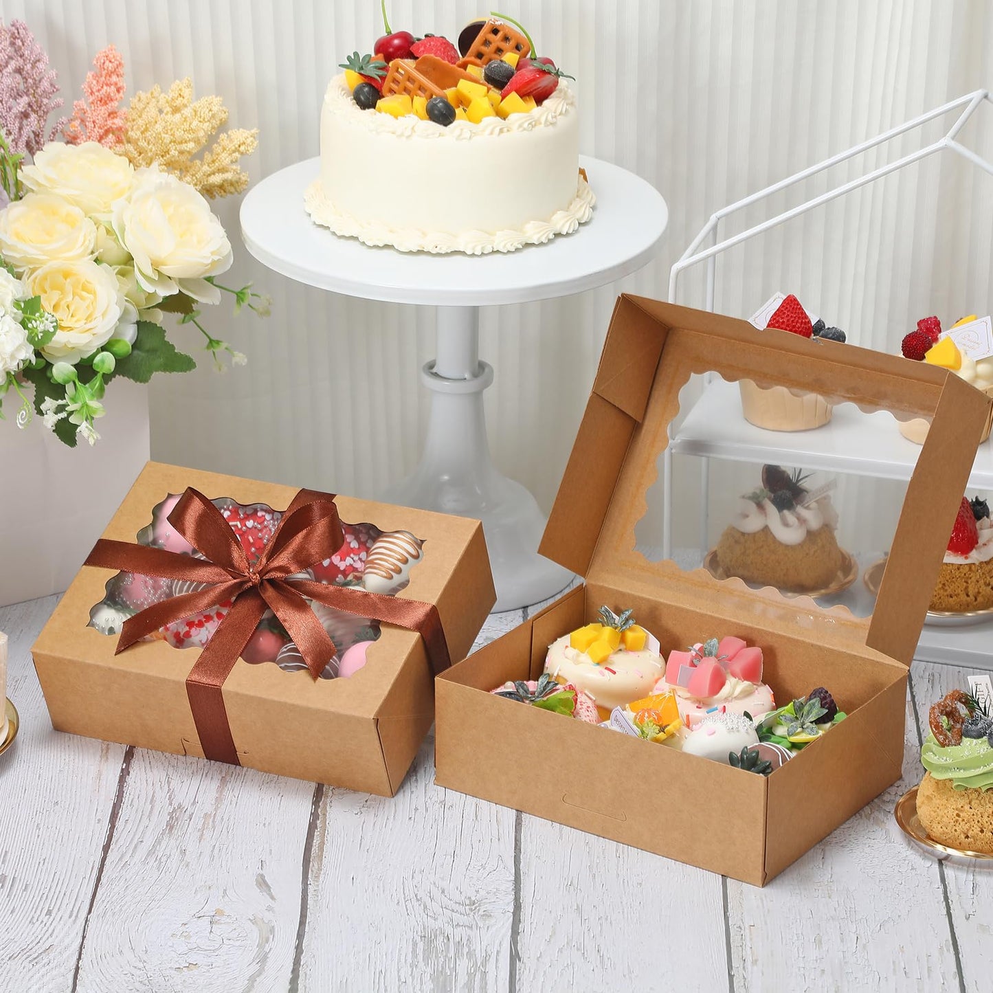 COTOPHER Auto Pop Up Cookie Box with Window 8x6x2.5 Inches – 50 Pack Brown Bakery Boxes with Ribbon for Birthday Party Favors, Wedding, Christmas Gift Packaging for Cookies, Candy, Macarons