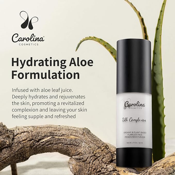 Carolina Cosmetics - Silk Complexion Plant-Based Moisturizer & Primer 30ml - Aloe Infused Hydration for Flawless Makeup Application w/Aloe, Rose Hip Oil & Candelilla Wax - Vegan, Organic, Gluten-Free