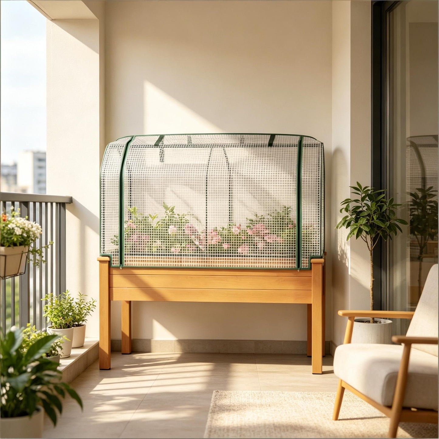 NOXJUQU Raised Garden Bed with Retractable Cover & Small Greenhouse, Elevated Wood Planter Box for Herbs Vegetables Flowers, Suitable for Patio Backyard Balcony Gardening