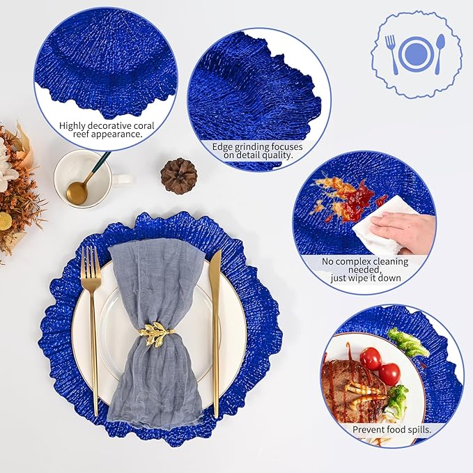 Pesonlook 50Pcs Royal Blue Charger Plates Round 13inch, Reef Plate Chargers for Dinner, Bulk Plastic Floral Table Charger Plates for Dinner Wedding Party Event Table Setting Decoration(Royal Blue)