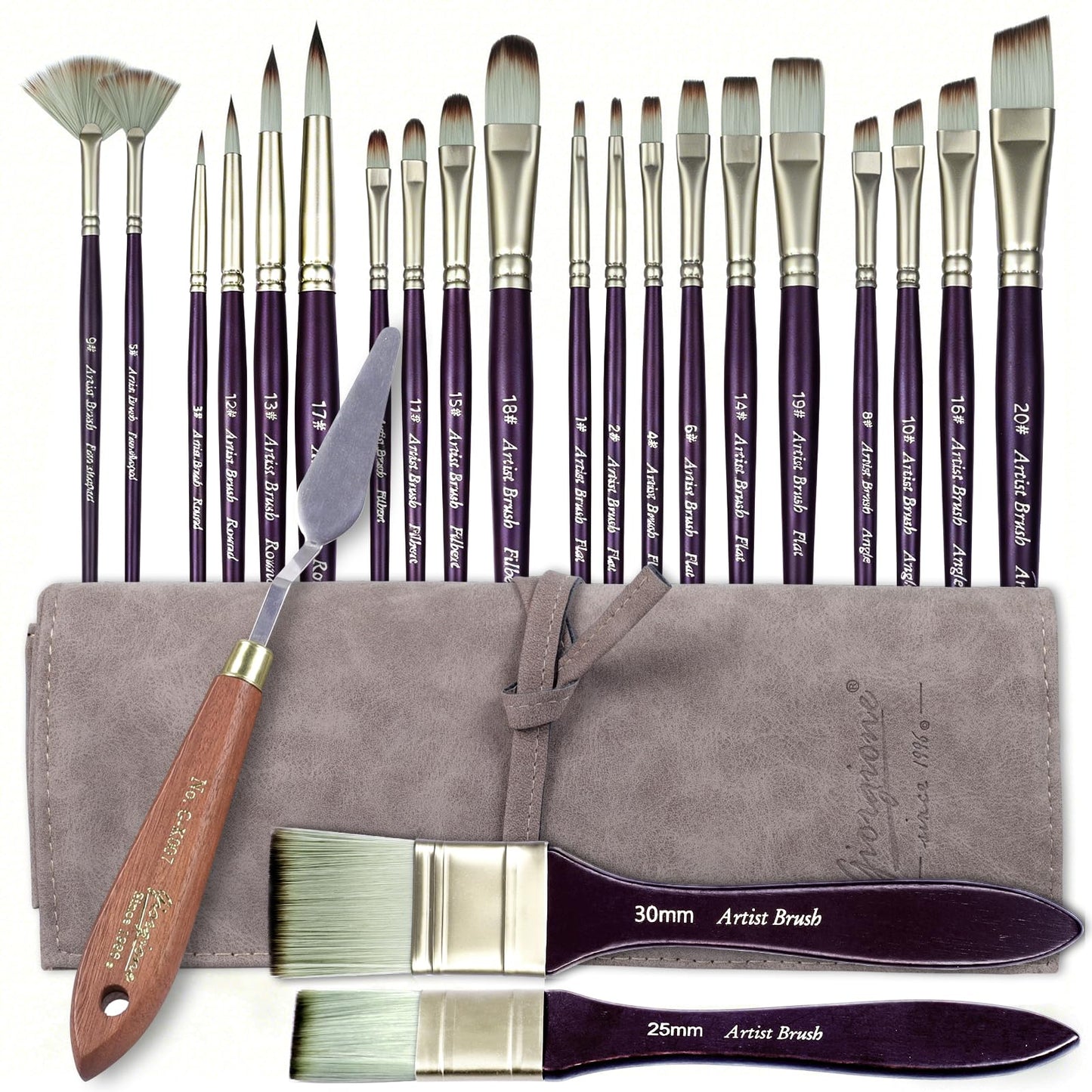 XWT 23pcs Paint Brush Set, Professional Artist Brushes for Acrylic and Oil Painting, Includes Flat, Filbert, Fan, Round, Angle, Rigger, and Palette Knife, Portable Storage Roll