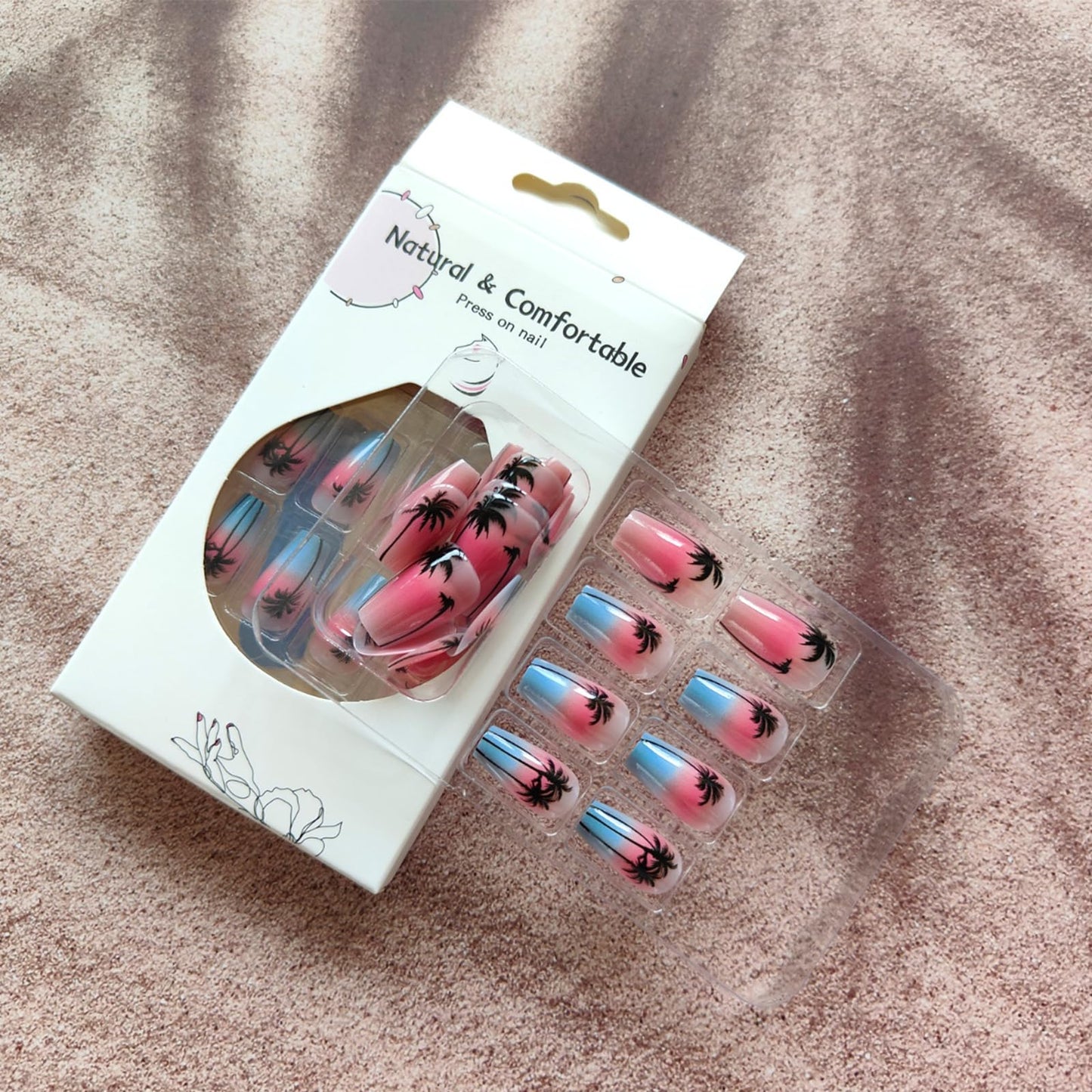 Summer Press on Nails Medium Coffin Fake Nails with Coconut Trees Design Glue on Nails Pink Sky Blue Sea False Nails Glossy Full Cover Stick on Nails Acrylic Artificial Nails for Women 24Pcs