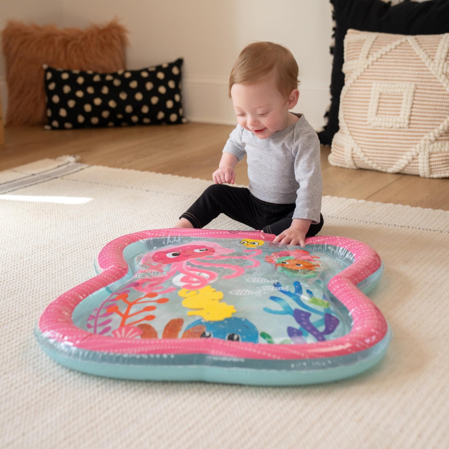 Baby Einstein Ocean Explorers Jiggling Janet Water Mat, Baby Water Mat with 6 Floating Ocean Shapes for Cause & Effect, Multisensory, Multisensory, Pink, Newborn +