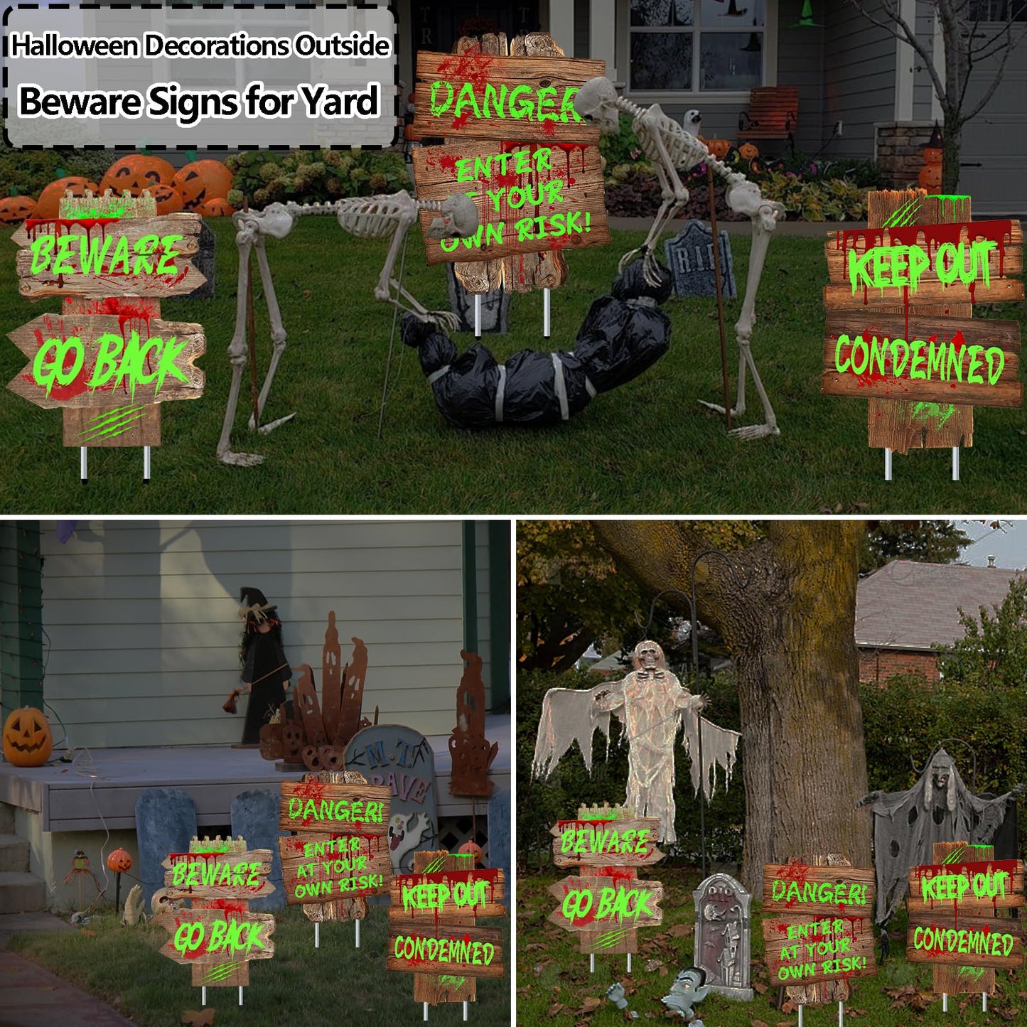 Halloween Decorations Beware Signs Yard Stakes Outdoor Creepy Assorted Warning Sign,Scary Zombie Theme Party Decor Supplies,3 Pieces