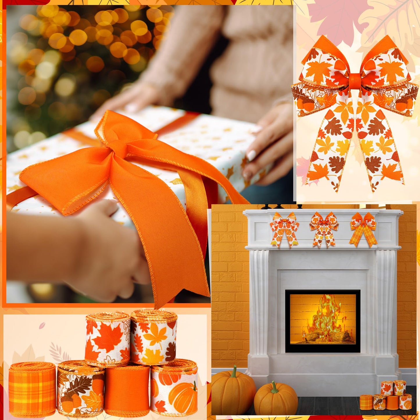 Giegxin 6 Rolls 30 Yards Thanksgiving Fall Wired Ribbon Burlap Wrapping Ribbon Plaid Pumpkin Maple Leaf Harvest Fall Thanksgiving Wreath Decoration for Autumn Crafts Bow Decor Gifts Making