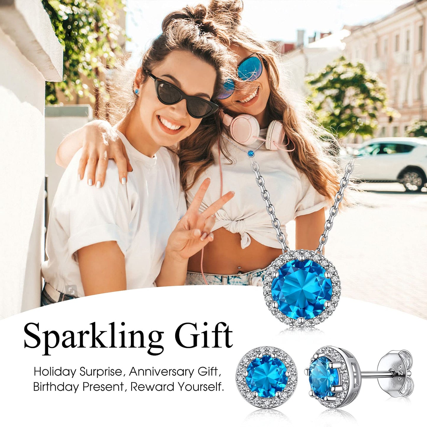 Bestyle CZ Round Diamond Stud Earrings 5mm December Blue Topaz Birthstone Solitaire Earrings, 925 Sterling Silver Earrings Jewelry Gift for Wedding Anniversary Birthday