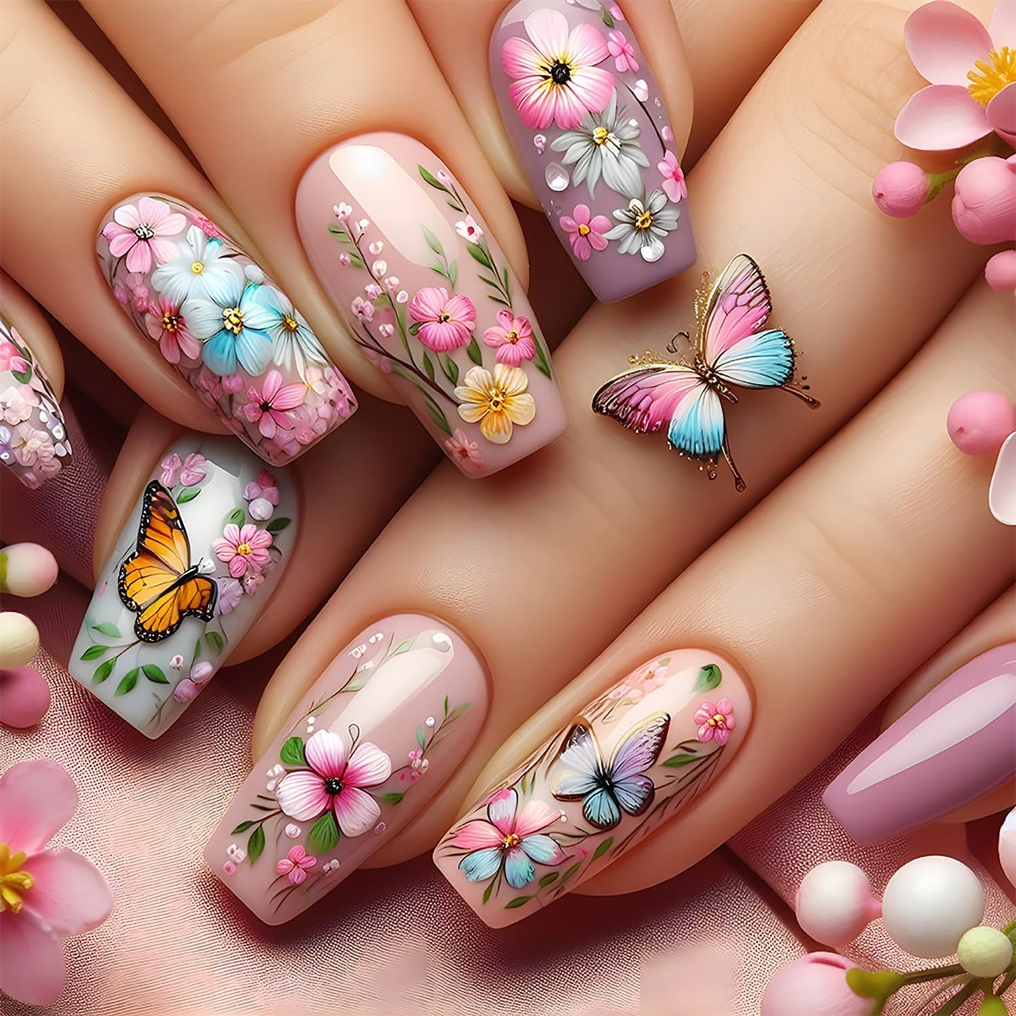 24Pcs Flower Press on Nails Medium Ballet Shaped Full Cover Glossy Artificial Stick on Nail Colrful Floral Butterfly Pattern Design Spring False Nail Reusable Acrylic Press Ons Glue on Nails for Women