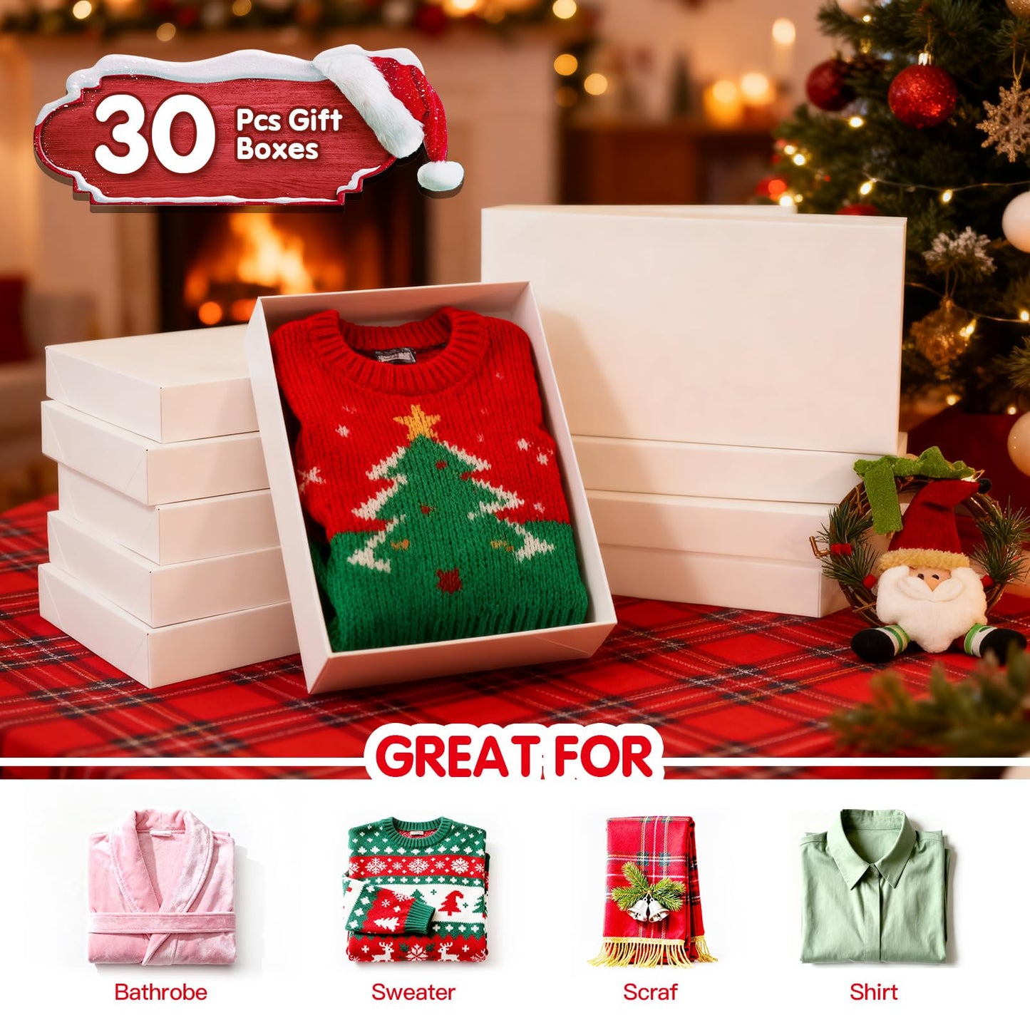 Breeze Touch 30 Pack 17" Christmas Gift Boxes with Lids for Presents, White Shirt Gift Wrapping Present Boxes for Clothes,Shirts,Robes,Sweaters and Socks