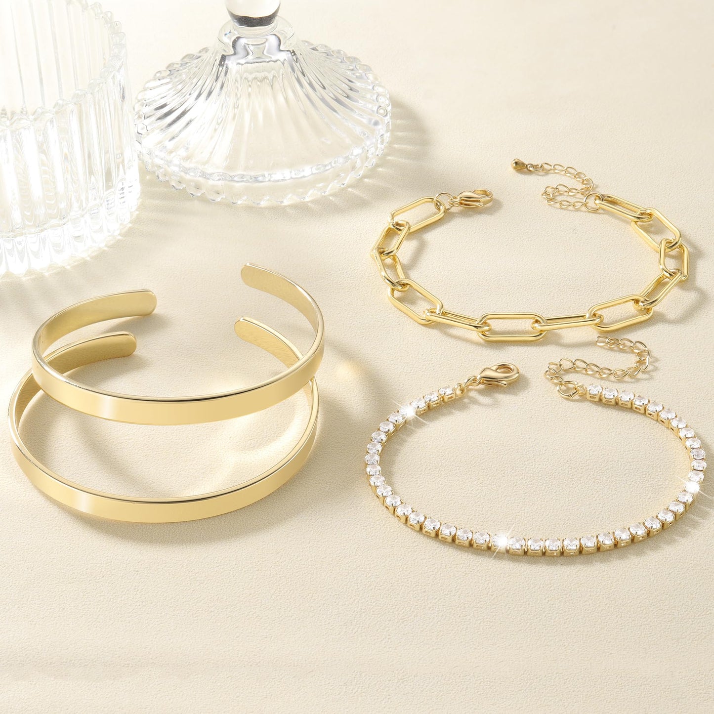 Reoxvo Gold Tennis Bracelets Stack for Women Double Dual Gold Bangle Cuff Bracelets for Women