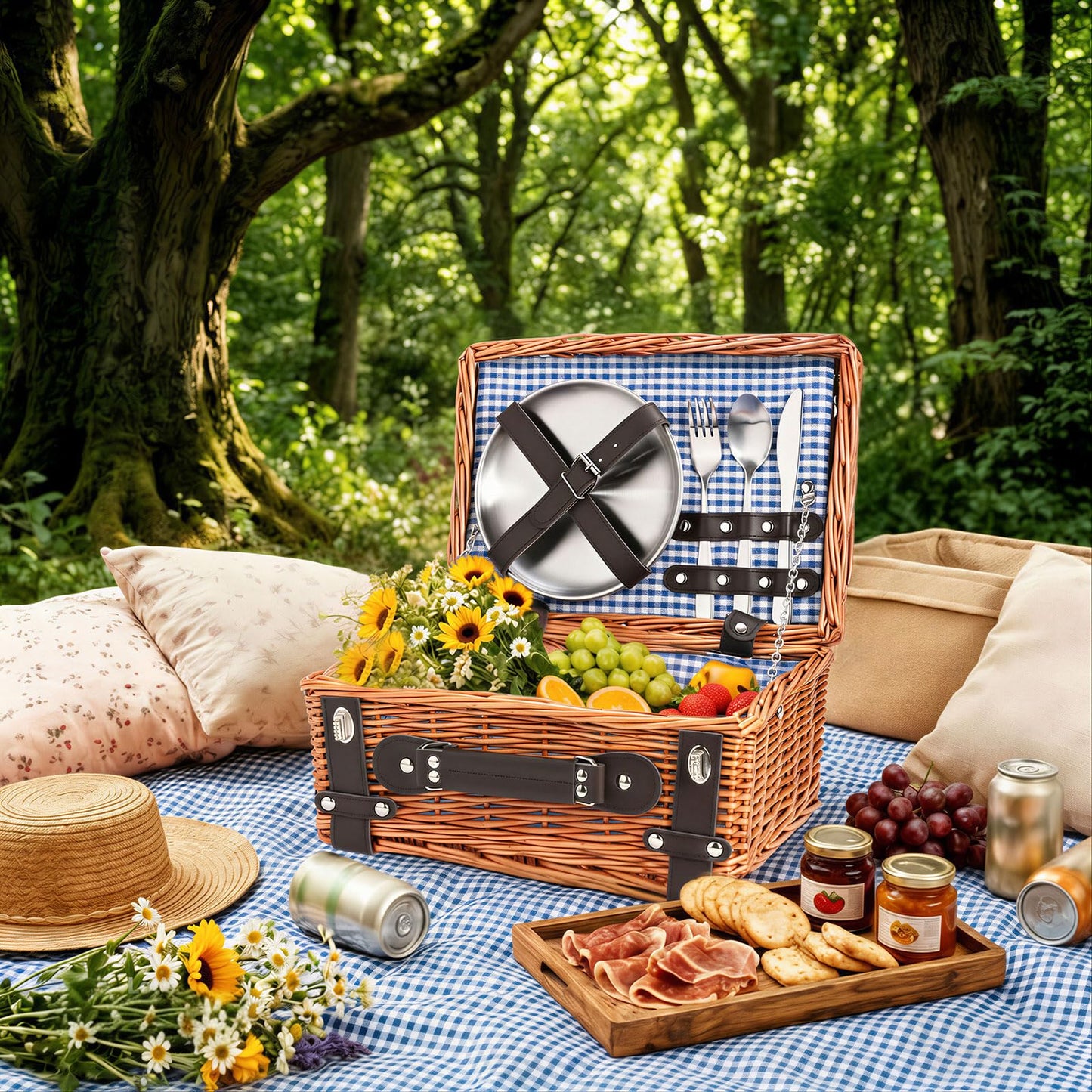 Weavvy Picnic Basket Set for 2, Wicker Picnic Baskets with Waterproof Blanket and Cutlery Service Kit, Willow Hamper for Camping, Outdoors, Valentine's Day, Christmas, Birthday, Wedding Gift