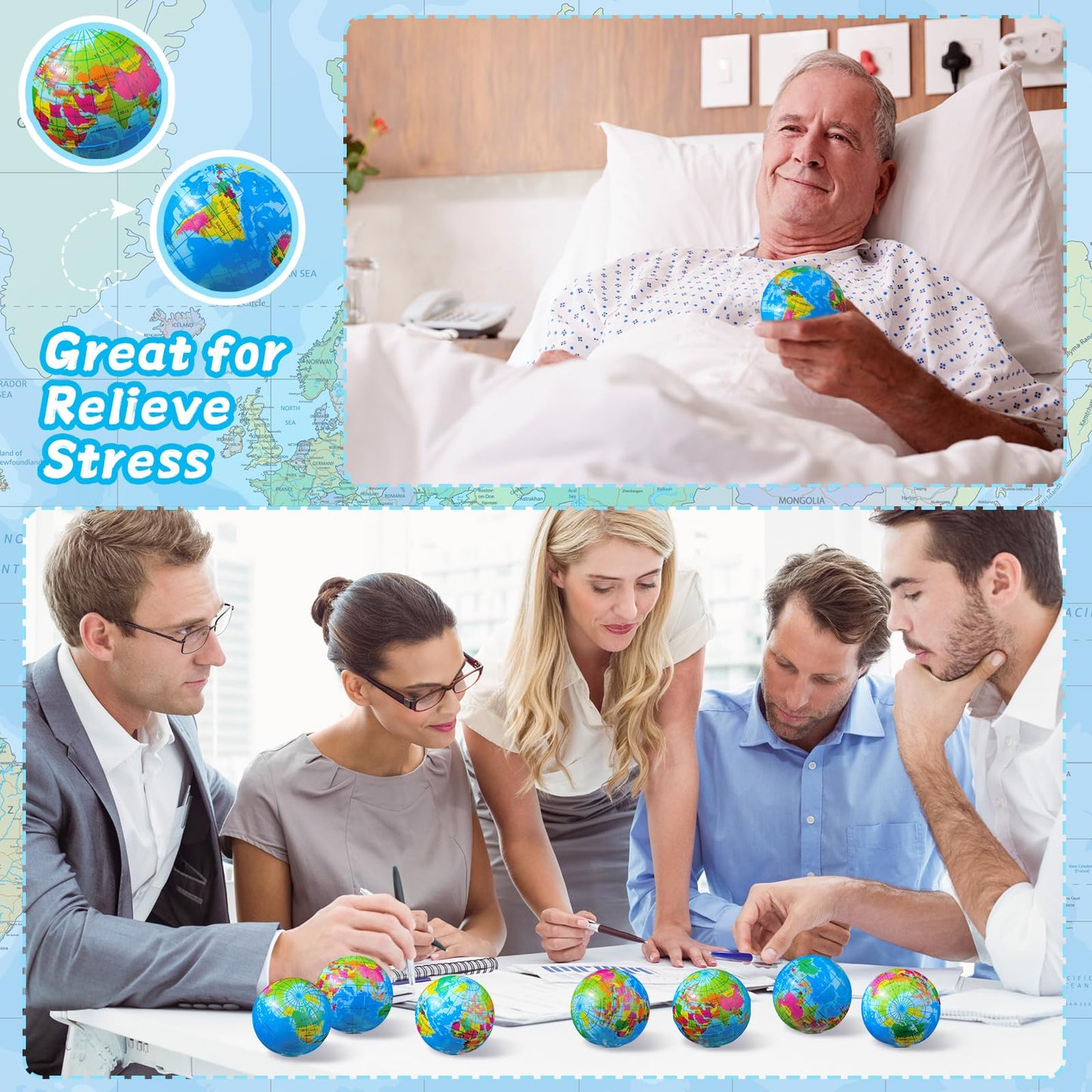 Poen 400 Pcs Globe Squeeze Balls, 2 Inch Mini World Earth Stress Balls Bulk Educational Relief Foam Squeeze Ball with Blue Drawstring Bag for Finger Exercise School Reward Party Gift