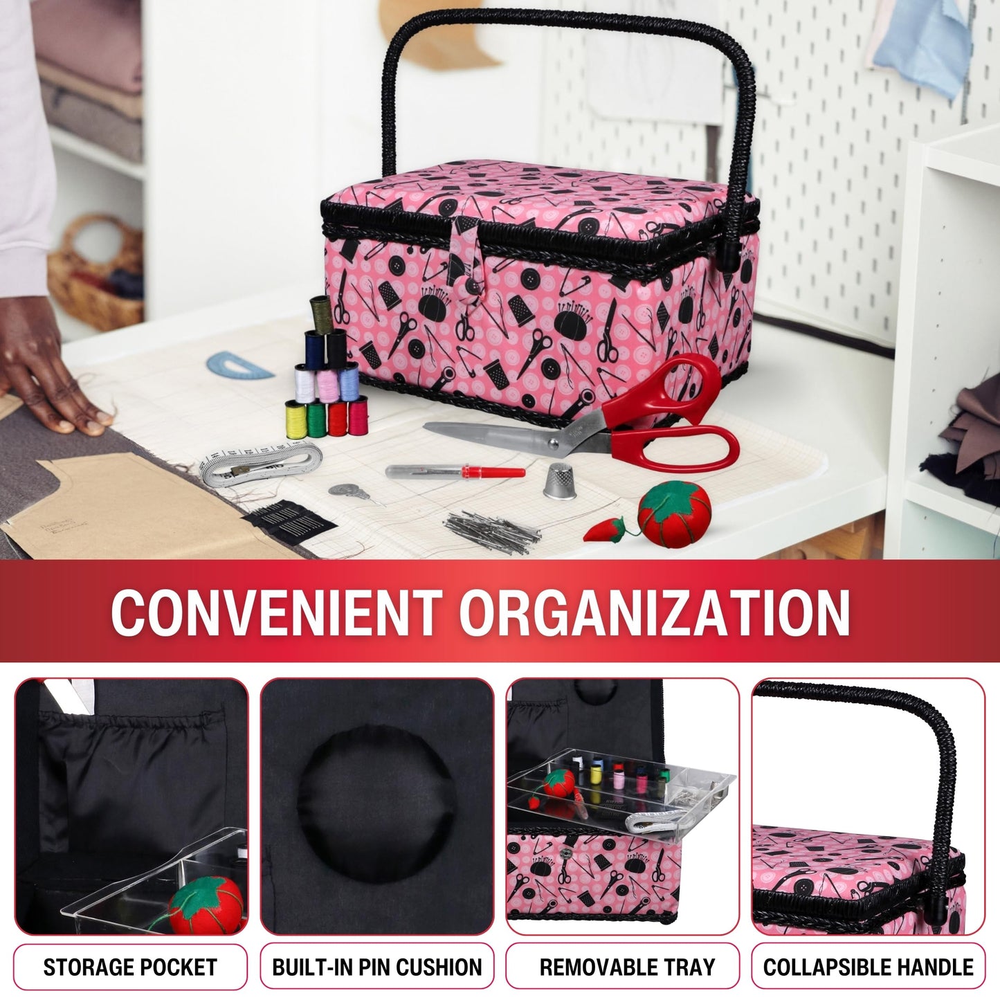 SINGER 07276 Sewing Basket with Sewing Kit Accessories, Pink & Black,