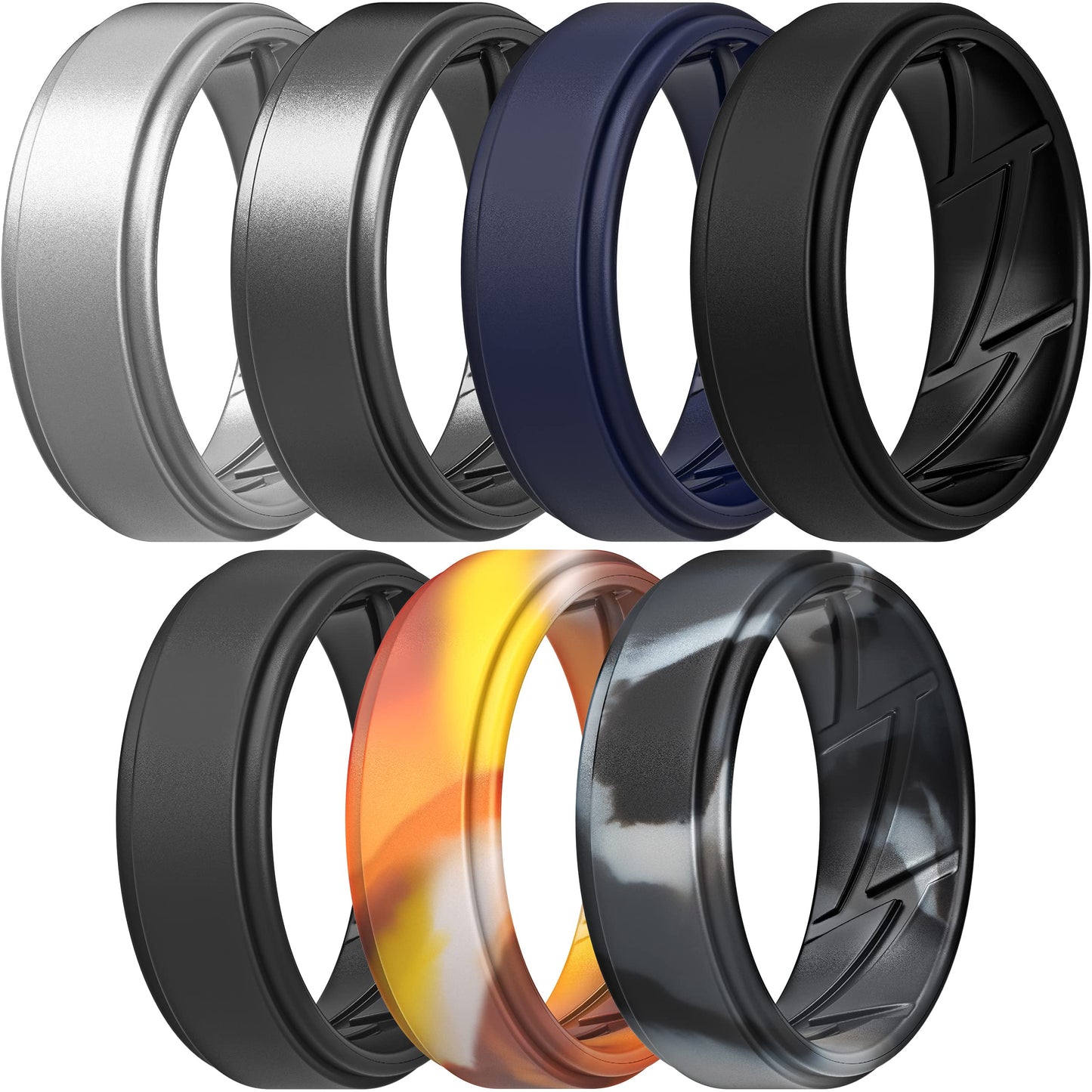 ThunderFit Silicone Wedding Rings for Men Breathable Airflow Inner Grooves, Step Edge Sleek Design Rubber Engagement Bands 8mm Wide 2mm Thick, Variety Multipack 1-7