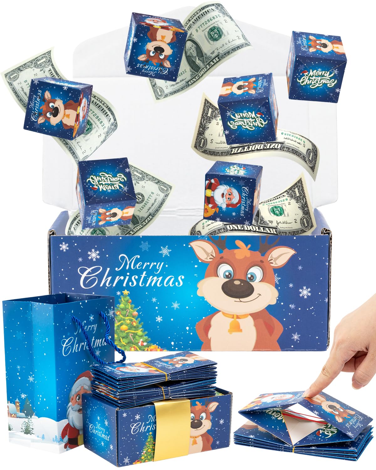 ASSRECT Exploding Gift Box - Christmas Surprise Box Pop Up with 12 Money Holders, Reusable Party Gift Box for Cash, Gifts, Xmas, Birthday, Party Supplies (Blue)