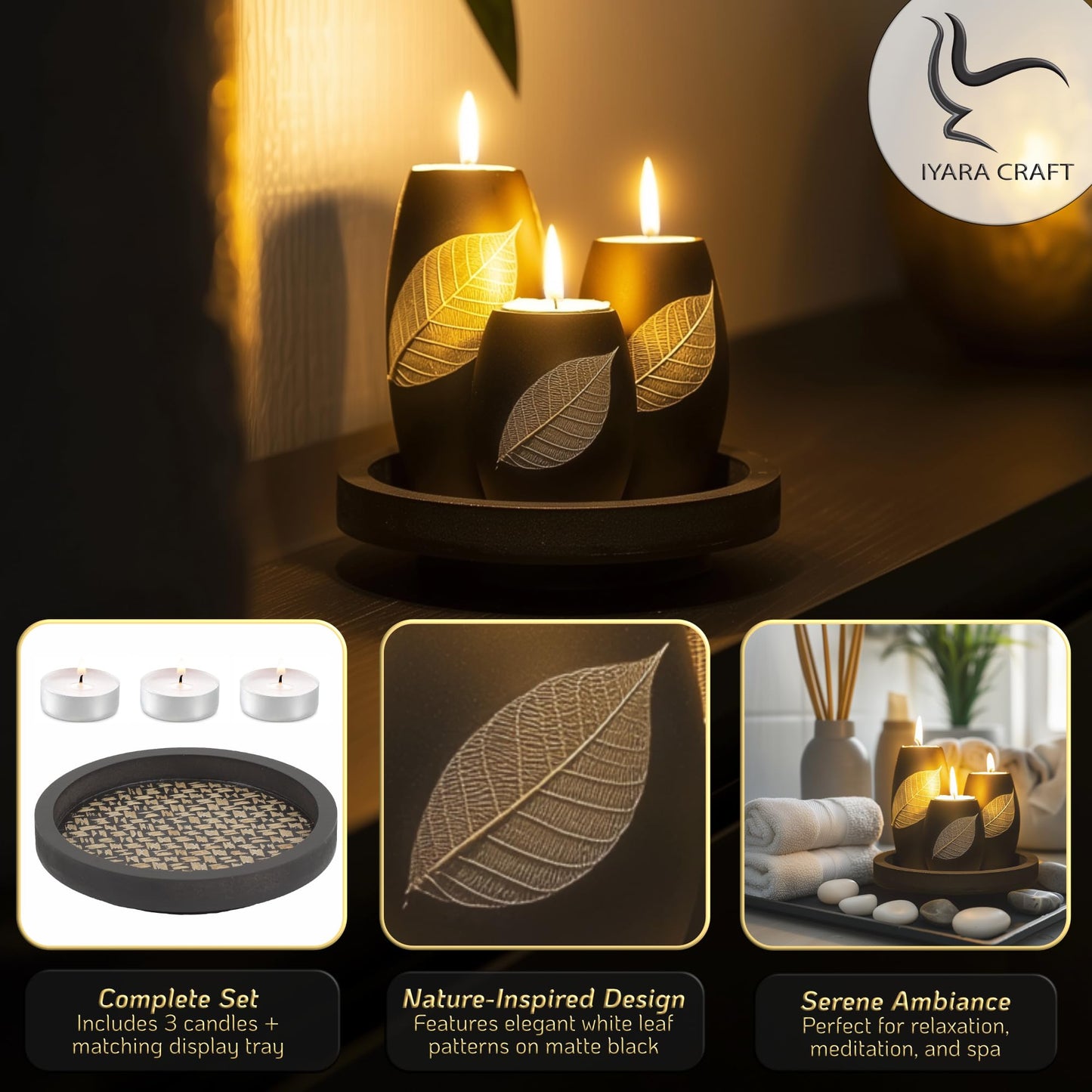 IYARA CRAFT Candle Holder Set with Tray – 3 Handmade Wood Tealight Holders, Black Leaf Design, Winter Home Décor, Spa-Inspired Holiday Centerpiece & Elegant for Women, Mom, Housewarming