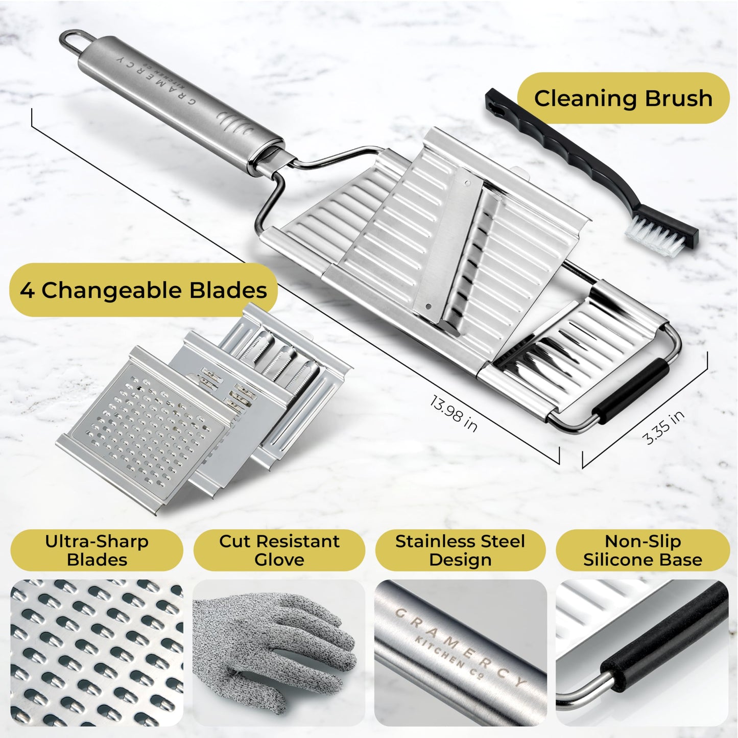 Gramercy Handheld Mandoline Slicer for Kitchen - Stainless Steel Veggie & Fruit Slicer with 4 Blades - Slicer, Julienne & Grater; Cut Resistant Safety Glove & Cleaning Brush Included; Dishwasher Safe