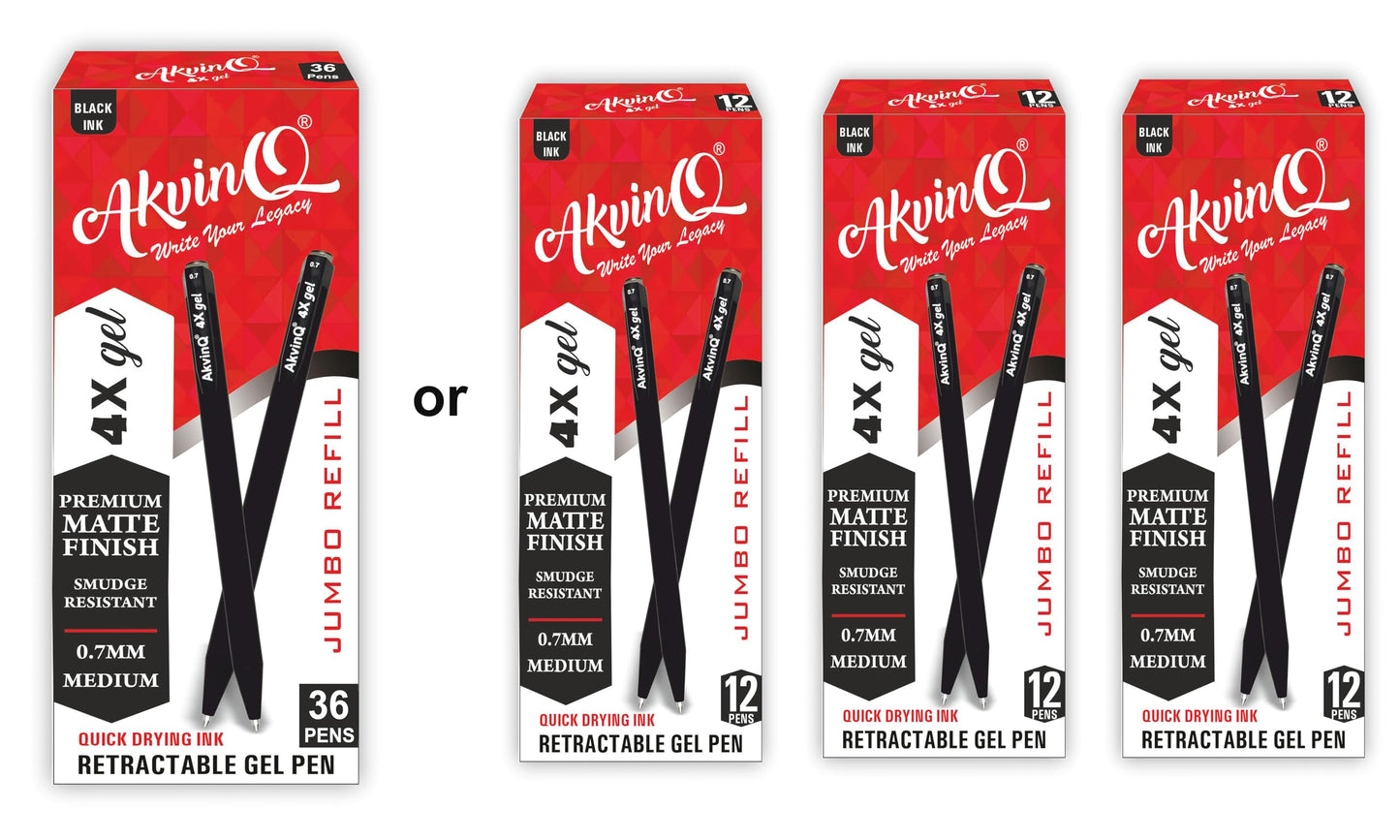 AKVINQ® 4X Gel Retractable Gel Pen | 0.7mm Medium Point | Black Gel Ink Pens | Pack of 36 Pens | Premium Matte Finish | Jumbo Refill | Bulk Pack for Journaling, Writing, Note-Taking, Office Supplies