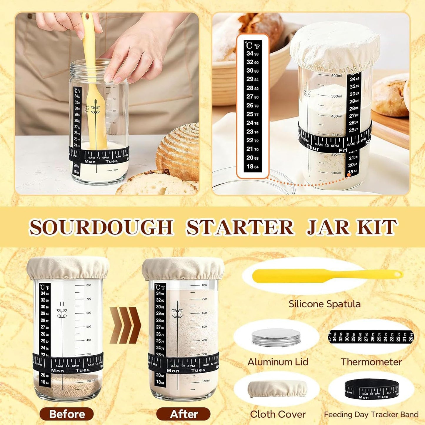 Beginner Sourdough Starter Kit - 9" Round & 10" Oval Banneton Proofing Baskets with Glass Starter Jar, Bread Sling, Dough Scrapers, Cooling Rack - Complete Homemade Baking Gift Set