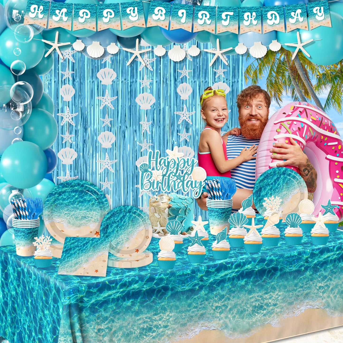 Beach Party Decorations, 273Pcs Ocean Waves Birthday Supplies Summer Pool Beach Birthday Party Decorations Tableware,Banner,Tablecloth,Starfish Bubble Garlands,Balloons,Cake Topper,Fringe Curtains