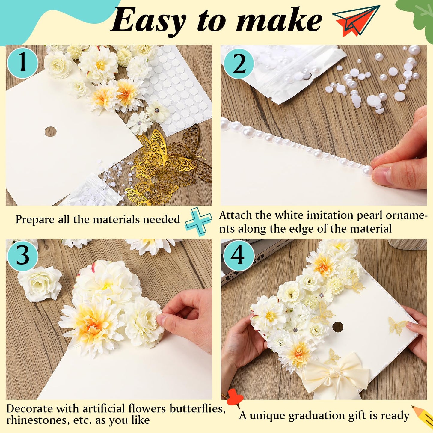 MotiMind 41 Pcs Beige DIY Graduation Cap Decoration Kit, Grad Cap Decorations Grad Hat Topper Faux Assorted Flowers Bows 3D Cream Construction Paper Butterfly Stickers Pearl Adhesive Dots