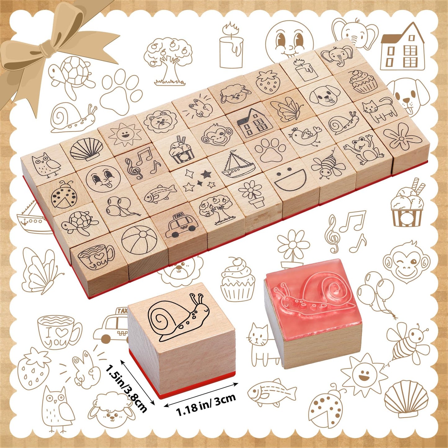 Maitys 36pcs Cartoon Pattern Wood Stamps Set Wooden Rubber Holiday Stamps Cute Cake Elephant Candle Butterfly Bee Pattern for Card Making Decoration and Scrapbooking Supplies DIY Tools Gifts
