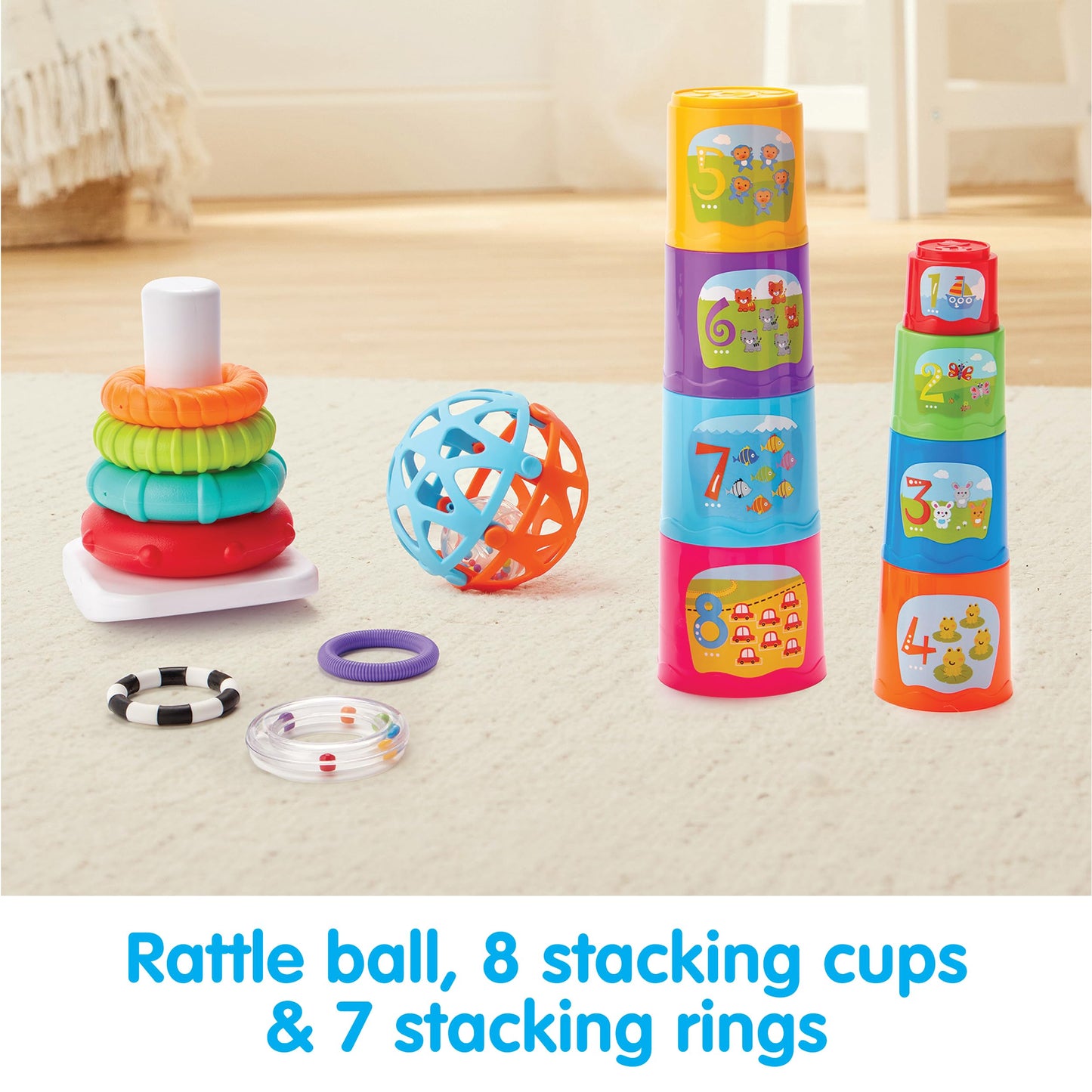 Kidoozie | Little Learner’s Trio | Baby’s First Activity Toy Set for Infants & Toddlers with Sensory, Stacking & Cause & Effect Play, Early Learning Ages 6+ Months
