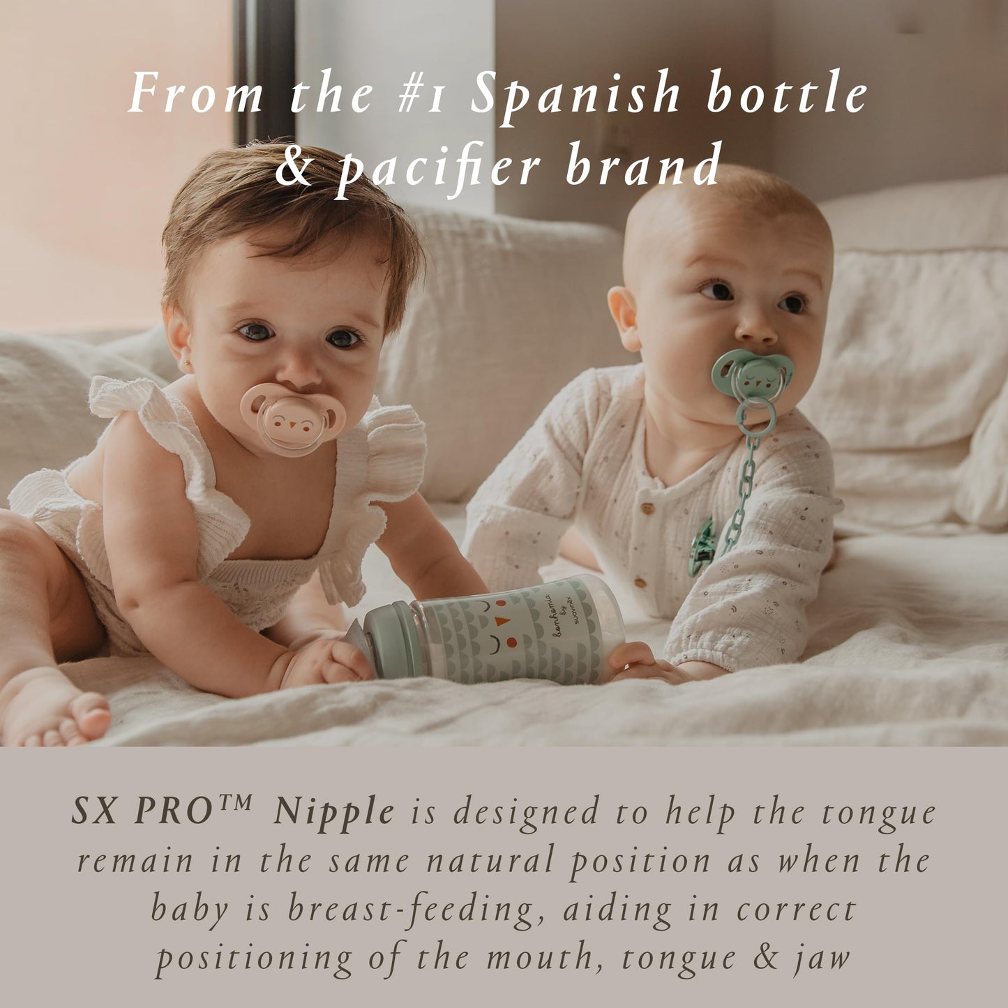 Suavinex Bonhomia SX PRO Physiological Pacifier, Supports Breastfeeding Babies, Pacifiers 0-6 Months, 2 Pack Baby Pacifier, Baby Accessories, (Mint/Beige)