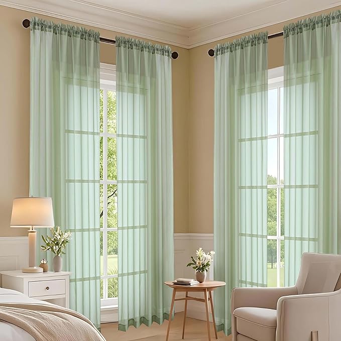 OVZME Sage Green Sheer Curtains 72 Inches Long 2 Panels Set, Light Filtering Sheer Curtains for Living Room Bedroom 59 Inch Extra Wide, Modern Voile Filmy Rod Pocket Window Drapes, 59Wx72L Inches