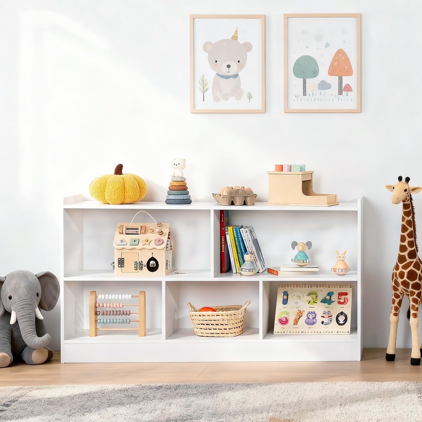 Leeshyah 5-Section Wooden Toy Shelf for Kids, Montessori Shelf Storage with Open Shelving & Customizable Layout | Safe, Sturdy Design for Kids Room, Classroom & Playroom White