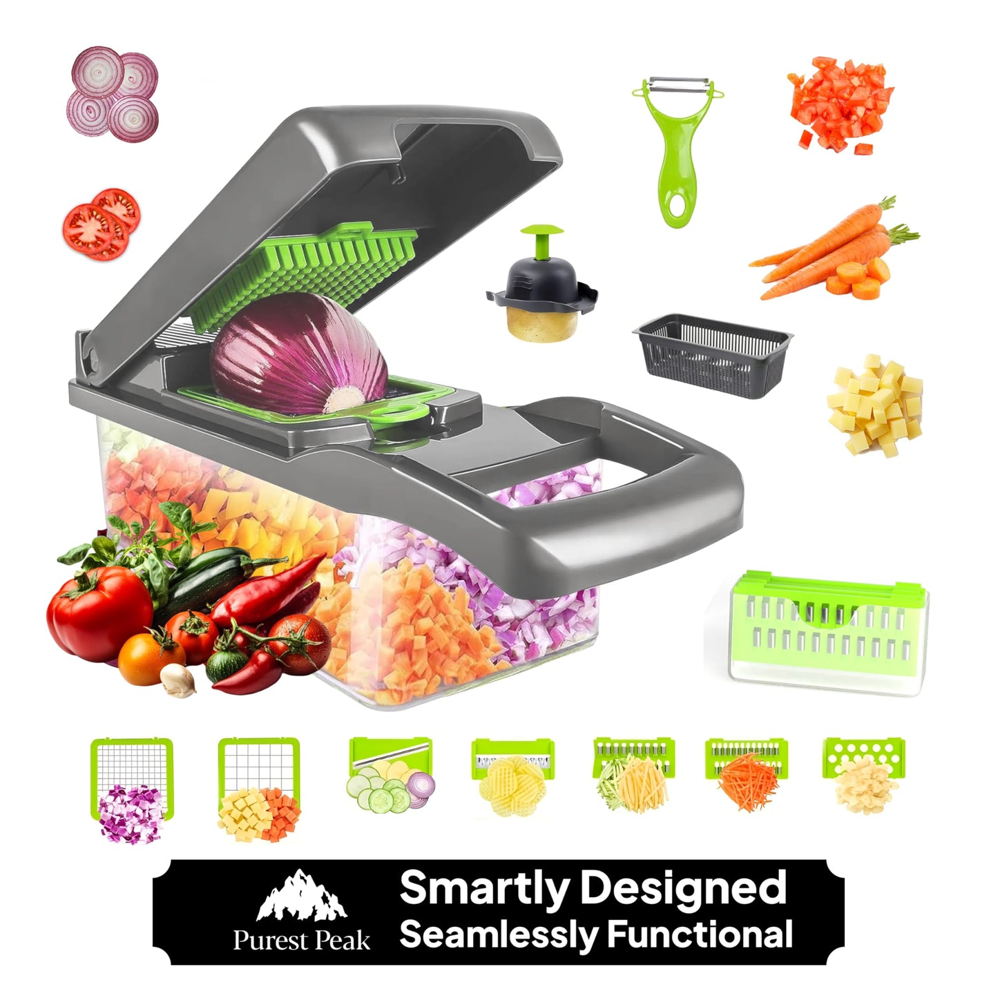 Pro-Series 16-in-1 Vegetable Chopper & Food Chopper with Container - Multi-Blade Cutter, ABS Mandoline Slicer, Fruit Slicer, Onion Chopper, Dicer, Grater, Kitchen Gadgets & Accessories