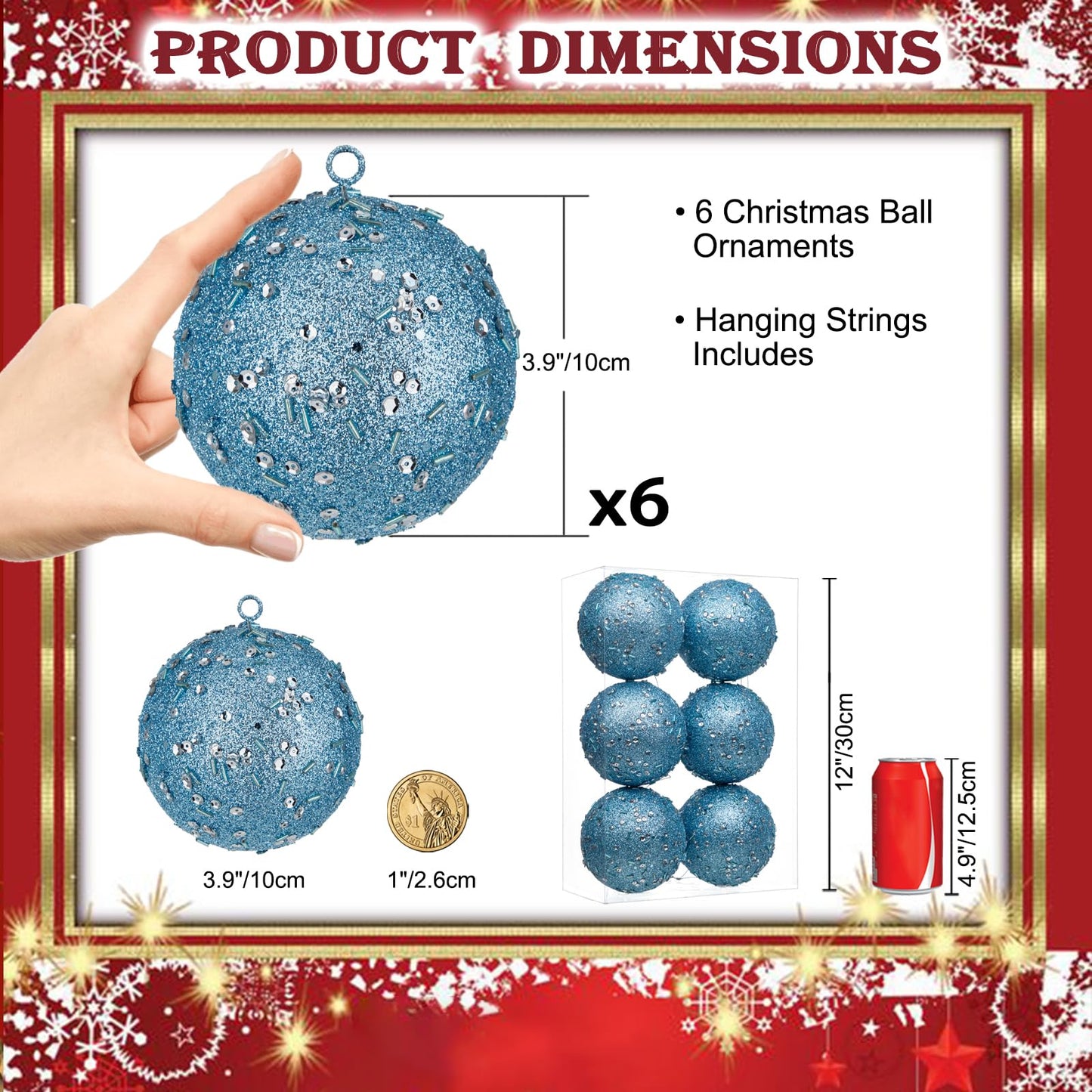 4" Large Christmas Balls Ornaments 6 Pcs Shatterproof Big Grey Blue Christmas Ornaments for Xmas Tree Bulk Glitter Big Xmas Tree Ornament for Trees Halloween Holiday Wedding Party Decoration